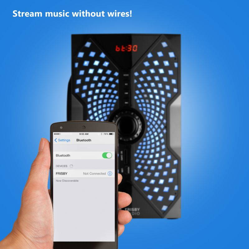 Frisby Audio 125 Watt Home Theater 5.1 Surround Sound Speaker System with Subwoofer, Bluetooth Wireless Streaming from Devices & Media Reader, RGB LED Pulse Lighting, Digital Optical Input &ndash; Black