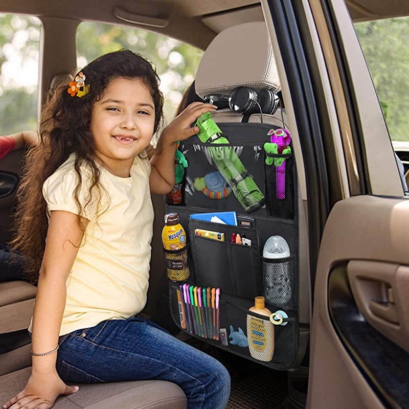 Car Backseat Organizer with 10 Table Holder 9 Storage Pockets Seat Back Protectors Kick Mats for Kids Toddlers Travel Accessories Black 2 Pack
