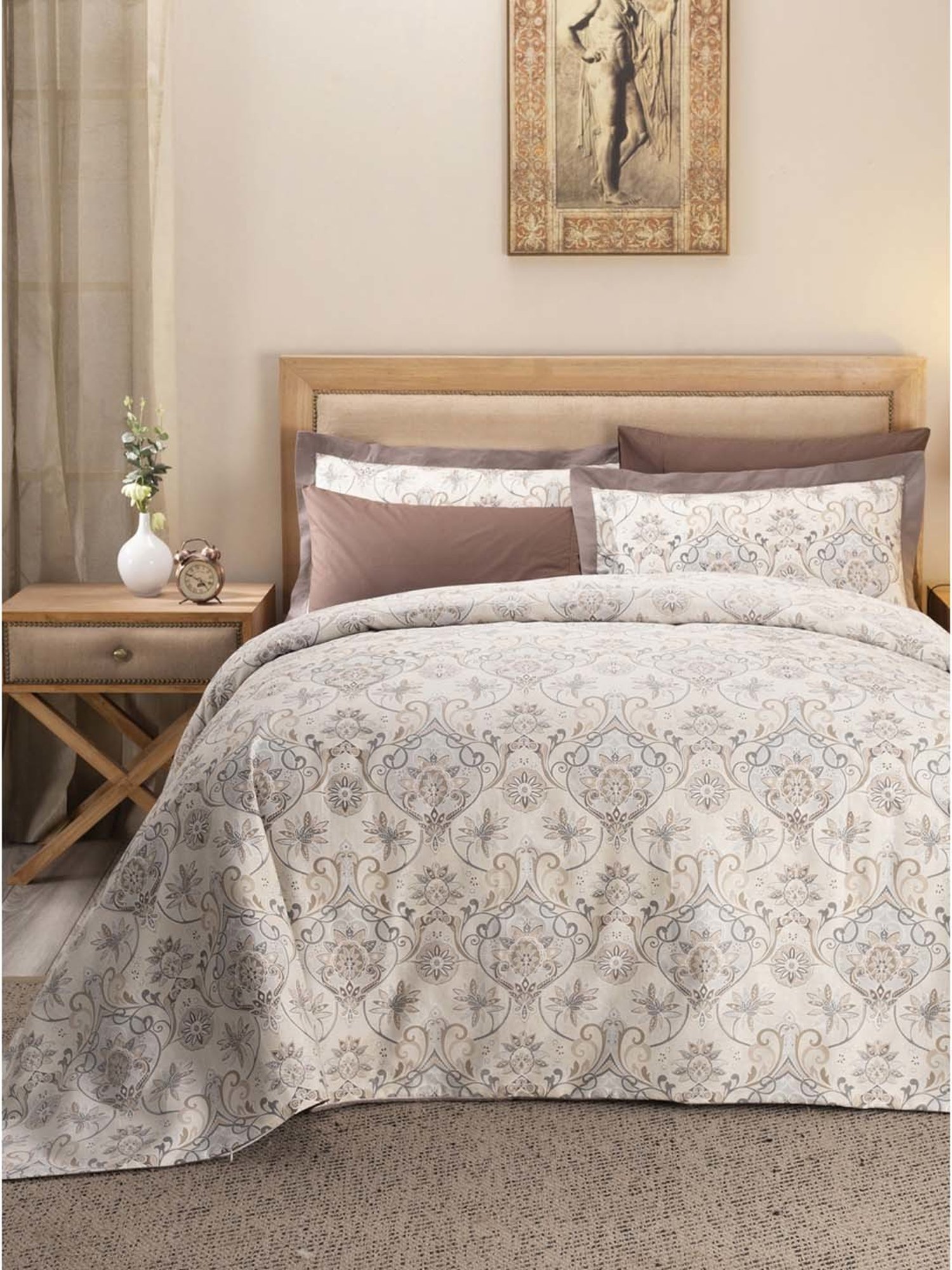 Maspar Hues Nouveau Tradition Lawn Rerun Beige Cotton 300 TC King Duvet Cover & 2 Pillow Covers