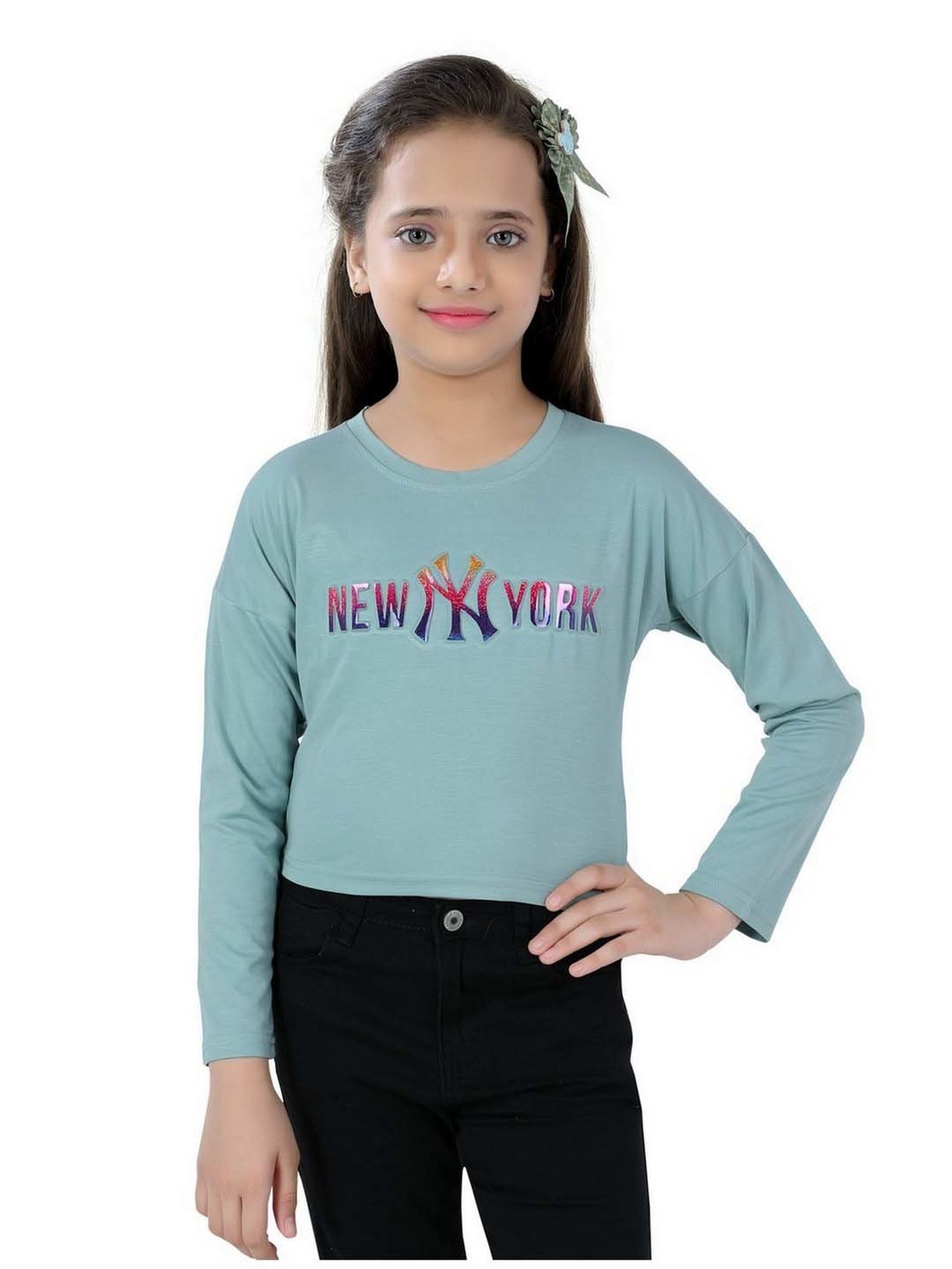 poplins Kids Green Cotton Printed Full Sleeves Top