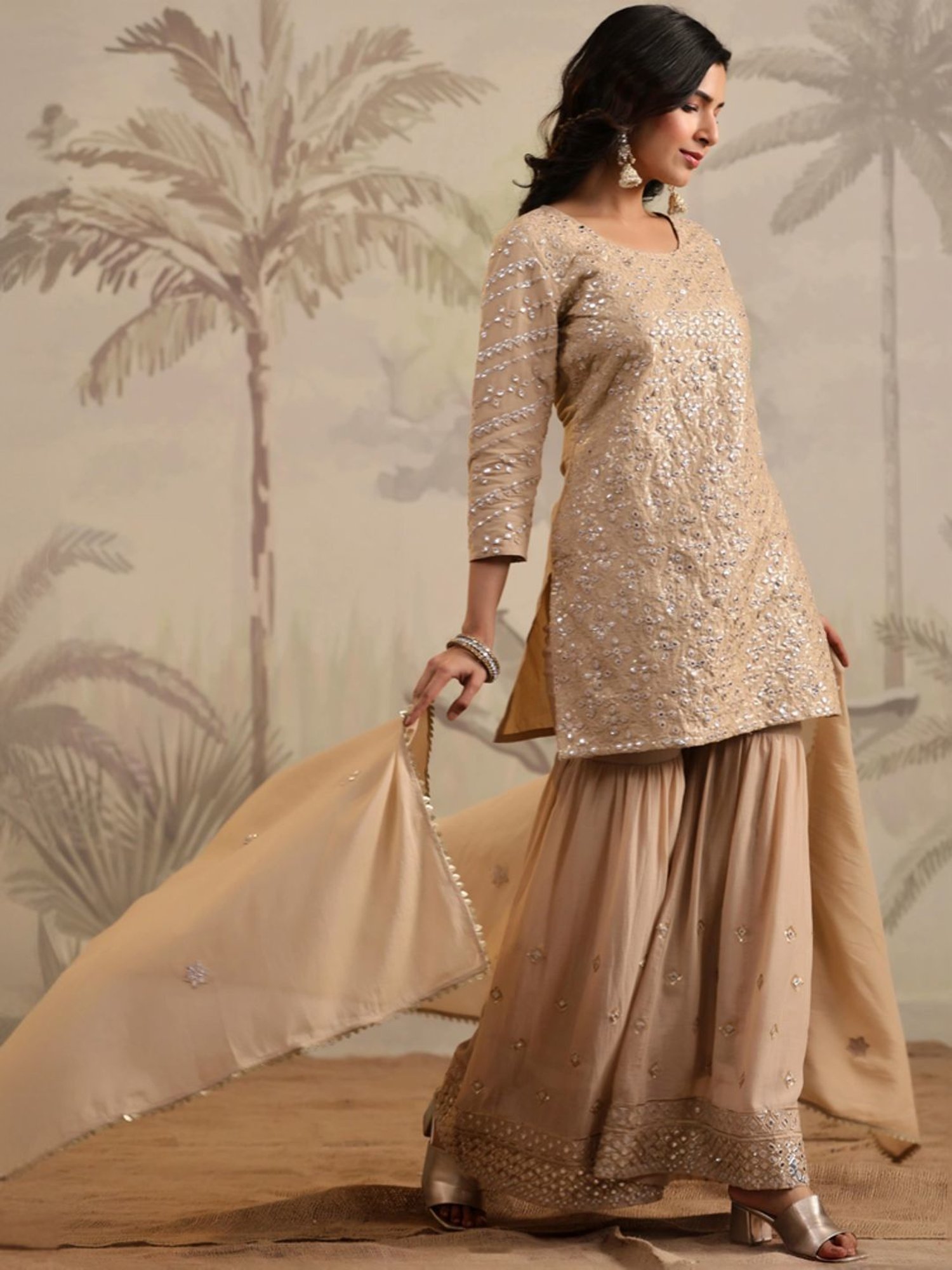 SCAKHI Beige Cotton Embroidered Kurti Sharara Set With Dupatta