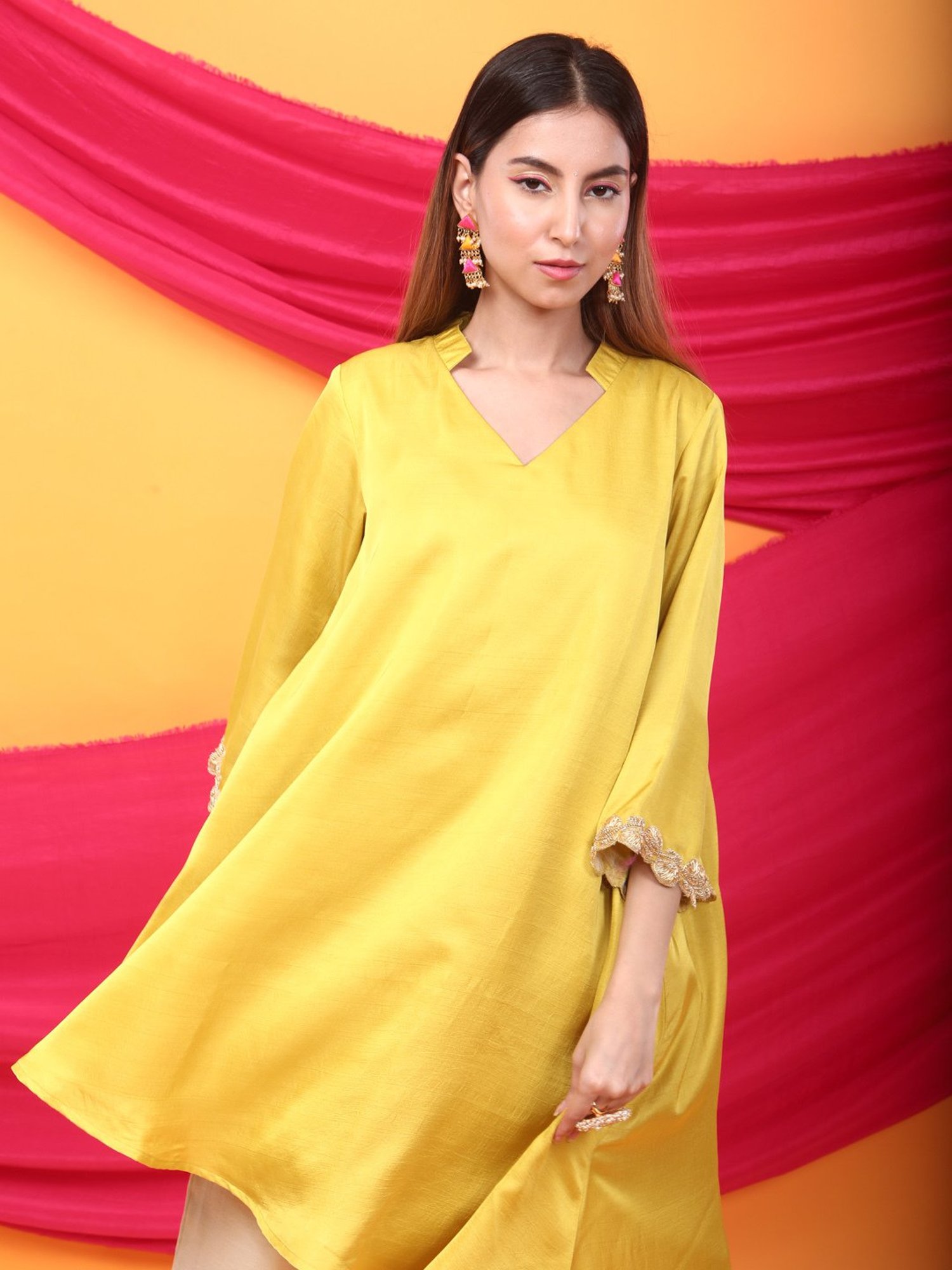 Monk & Mei Nusrat Assymetrical Kurta and Pant Co-ord Set-Canary Yellow and gold
