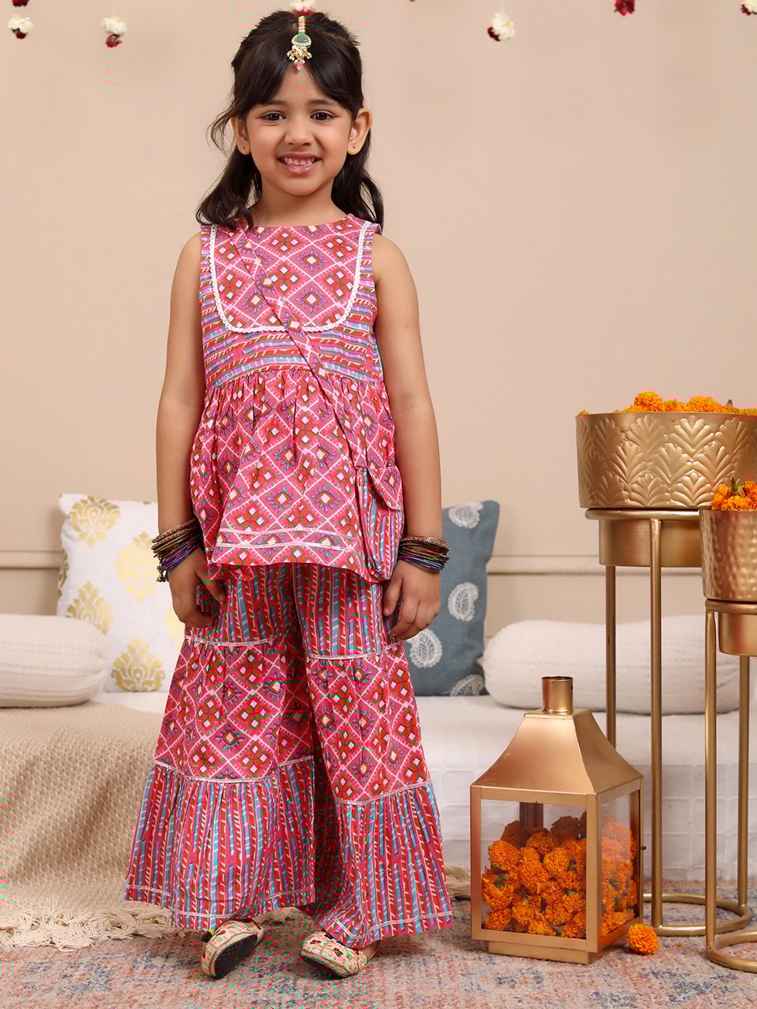 Budding Bees Girls Pink Printed Top, Sharara with Sling Bag