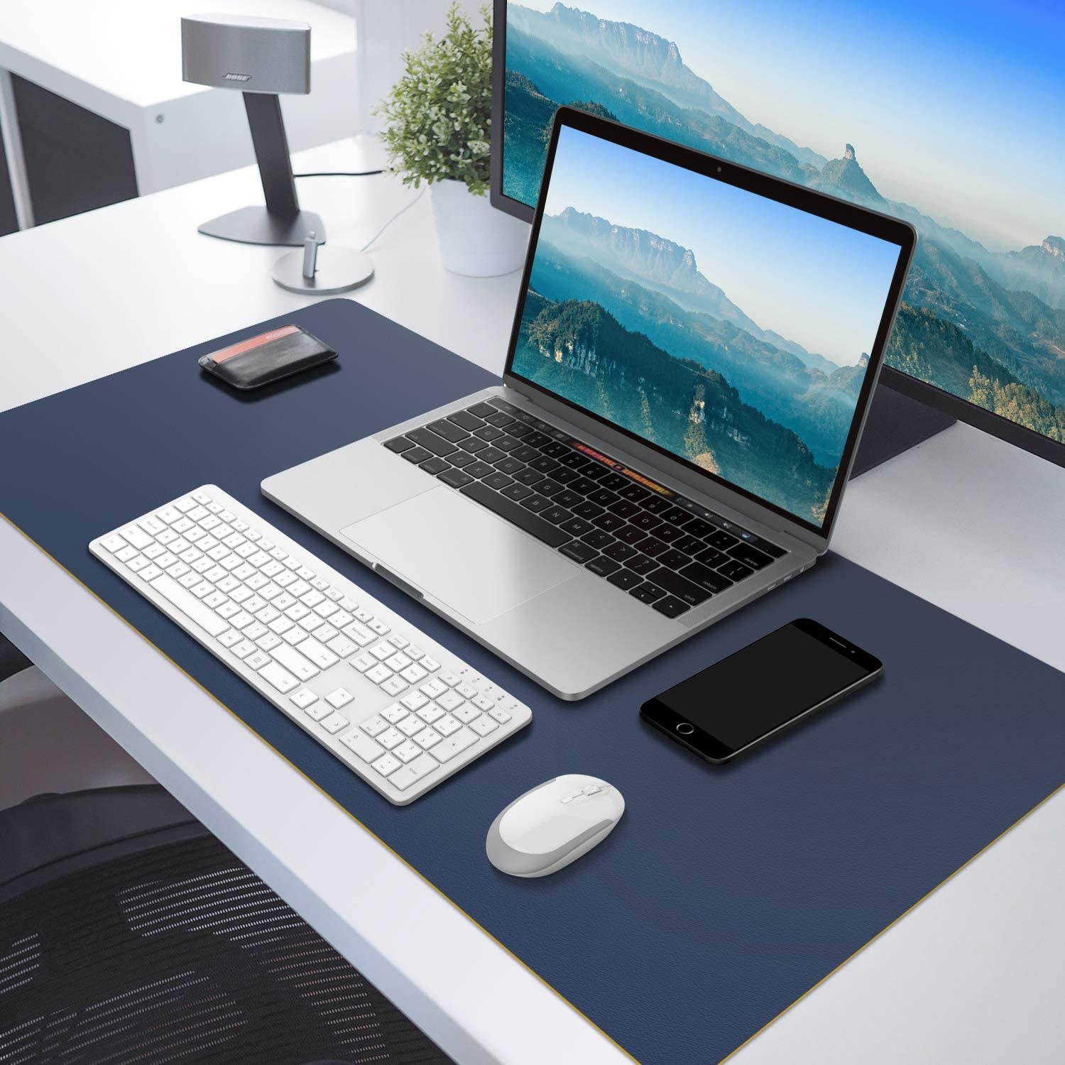 MoKo Computer Desk Mat - PU Large Extended Gaming Mouse Pad, Non-Slip Keyboard Mouse Mat, Waterproof Office Writing Desk Pad Protector, 31.5 x 15.7 x 0.08 Inch - Double Side Royal Blue/Yellow