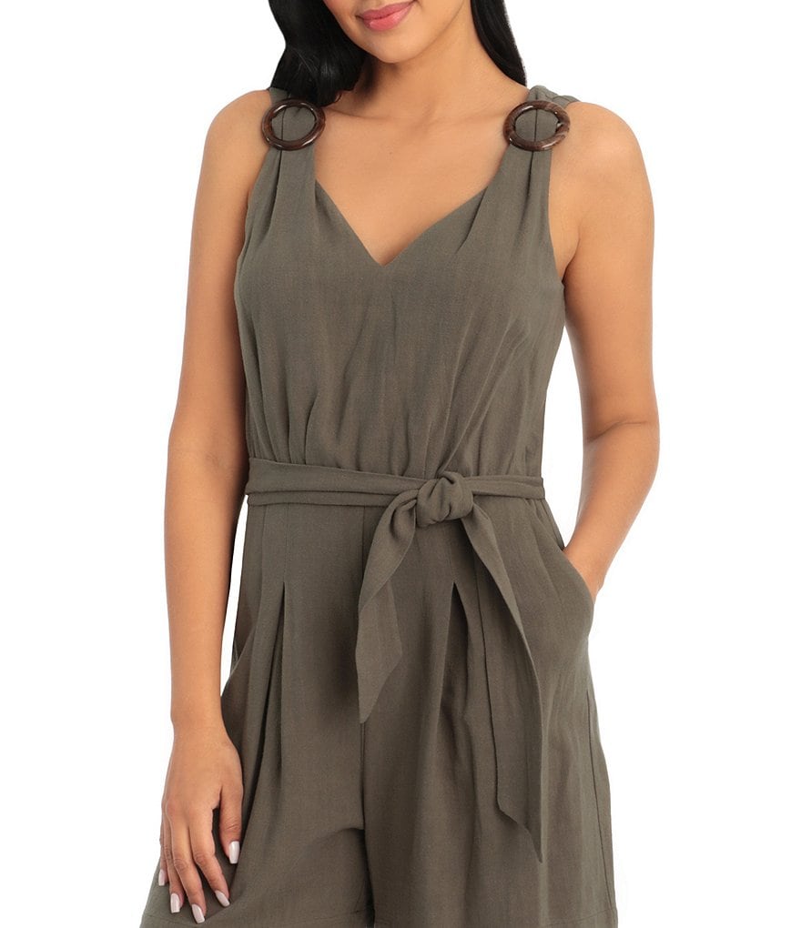 London Times V-Neck Sleeveless Pleated Belted Hip Pocket Romper