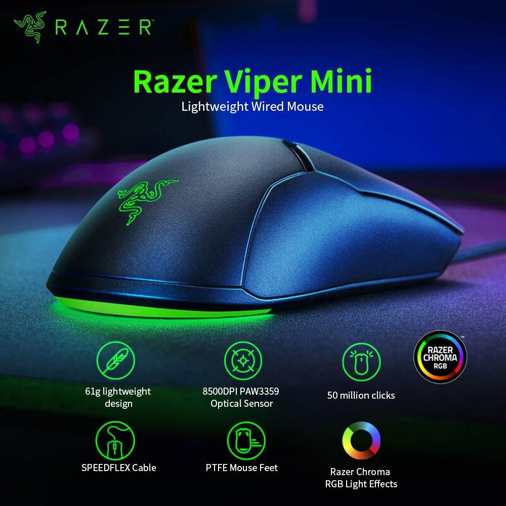 Razer Viper Mini 61g Lightweight Wired Mouse 8500DPI PAW3359 Optical Sensor Chroma RGB Gaming Mouse Mice SPEEDFLEX Cable
