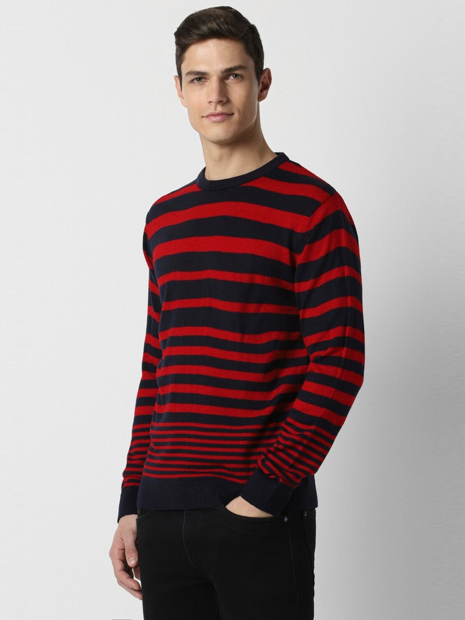 Peter England Red Regular Fit Striped Sweater