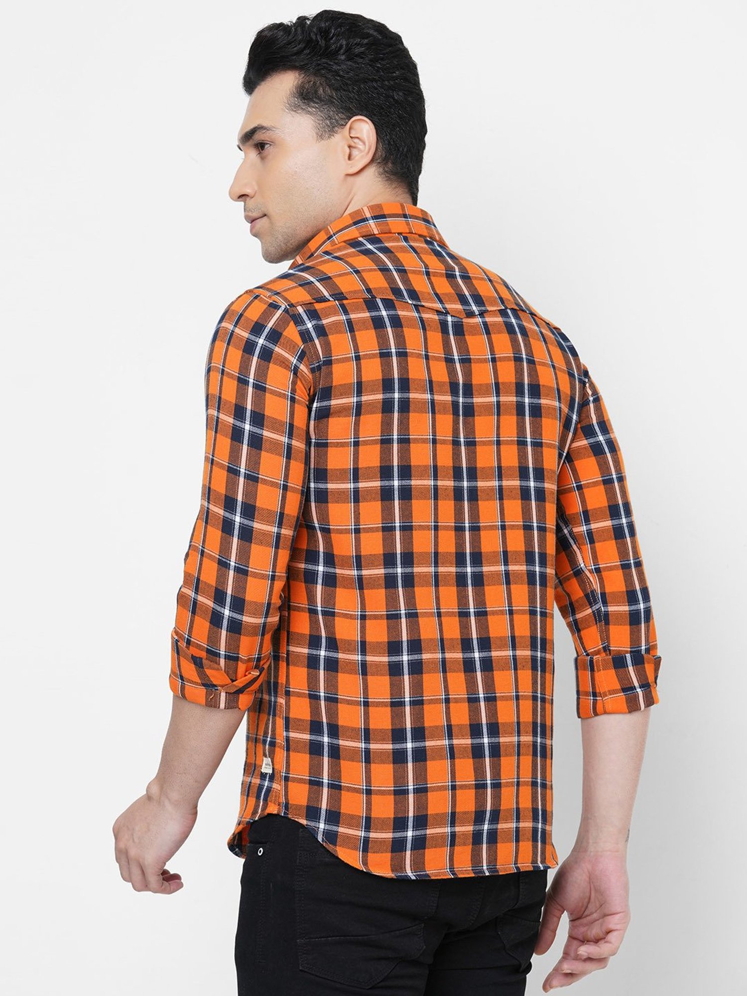 SOLEMIO Blue & Orange Slim Fit Check Cotton Shirt