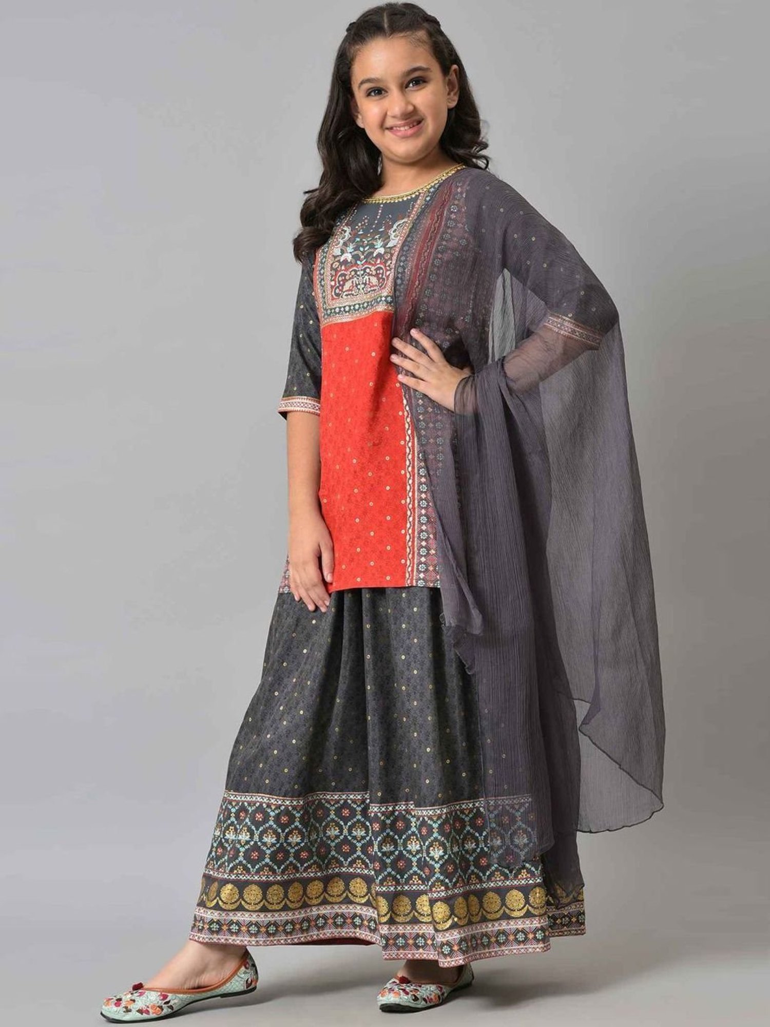 Aurelia Kids Red & Grey Floral Print Kurta Set