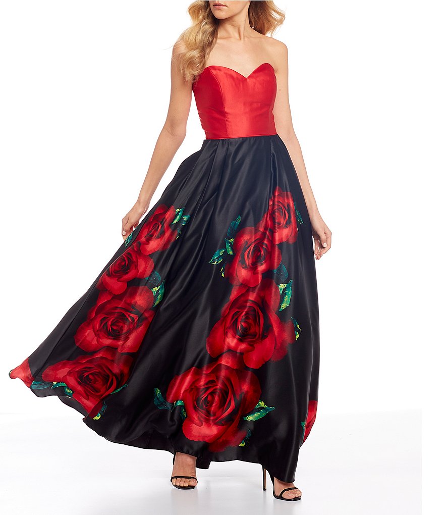 Blondie Nites Strapless Solid Bodice Lace-Up Back Floral Print Ball Gown