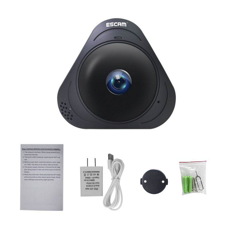 ESCAM Q8 WIFI 1.3MP IR 360&deg; Fisheye Panoramic IP Camera Built in mic & Speaker Black Color