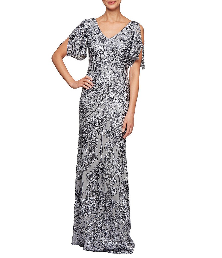 Alex Evenings Sequin A-Line Flutter Cold Shoulder Sleeve V-Neck Long Gown