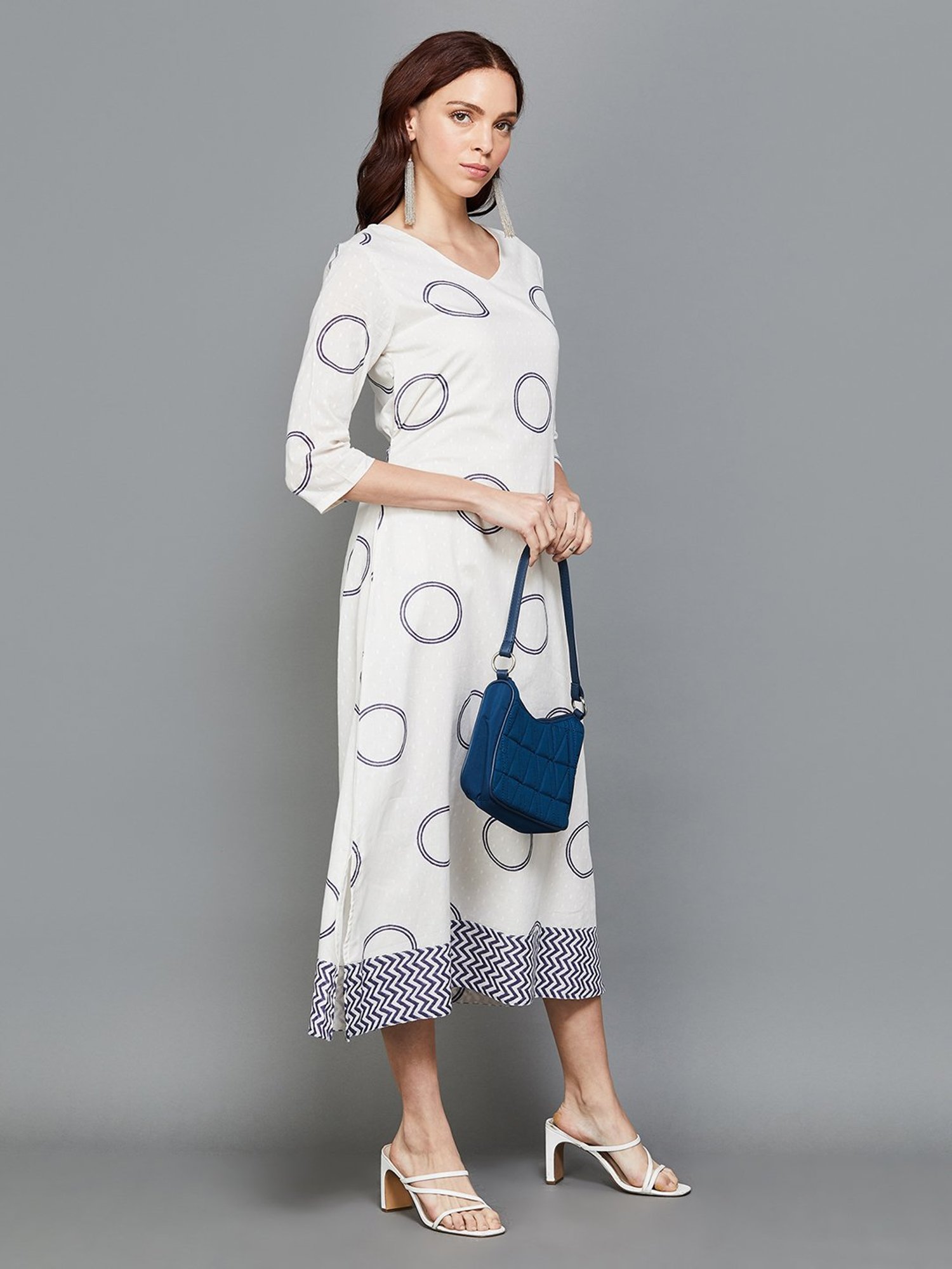 Colour Me by Melange White Cotton Printed A-Line Dress