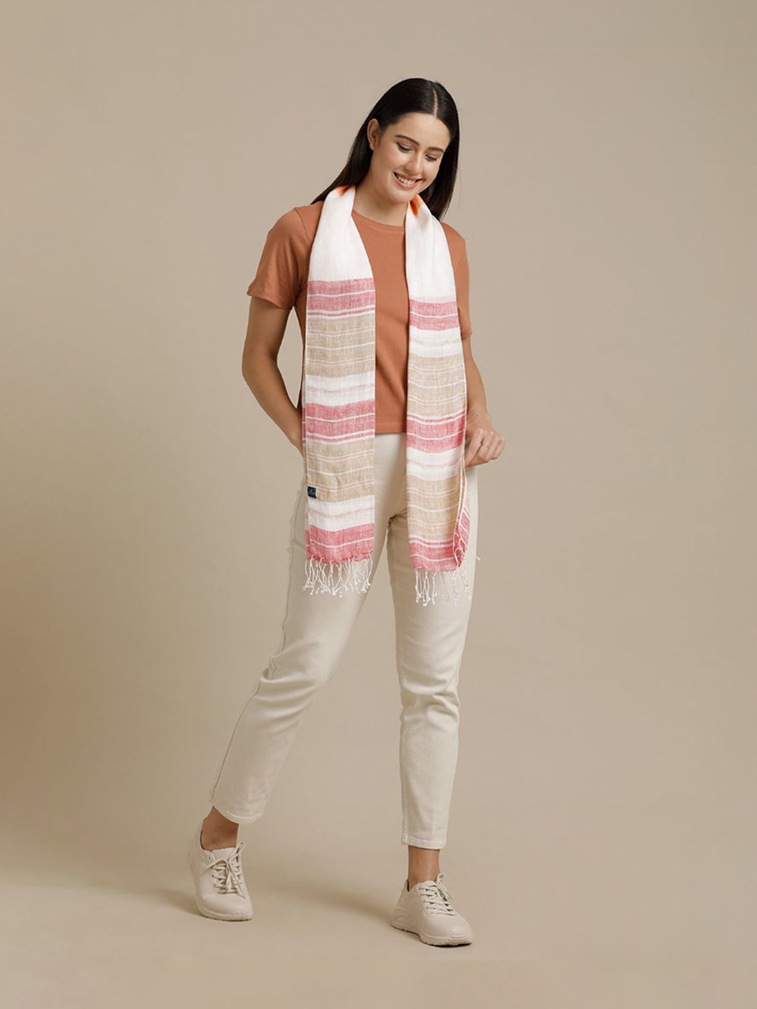 Linen Club Red Striped Pure Linen Stole