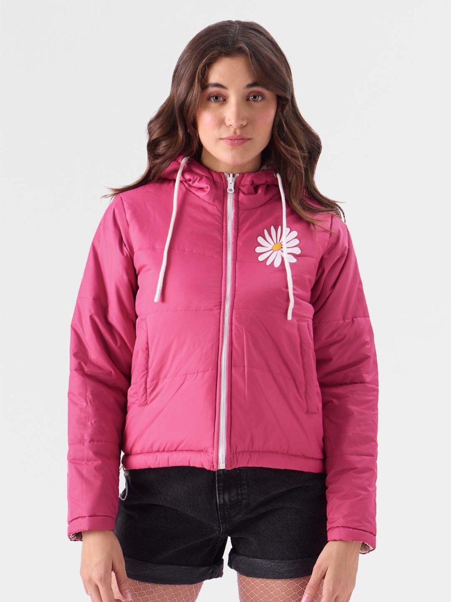 The Souled Store Pink & White Floral Print Reversible Jacket