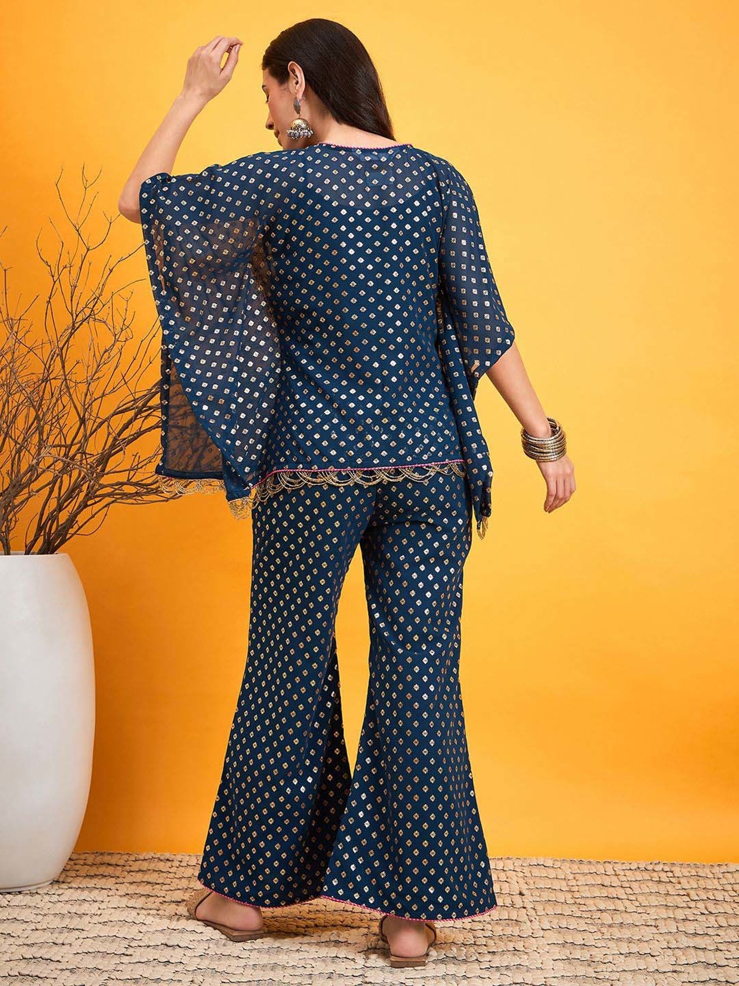 The Kaftan Company Blue Printed Top Pants Set