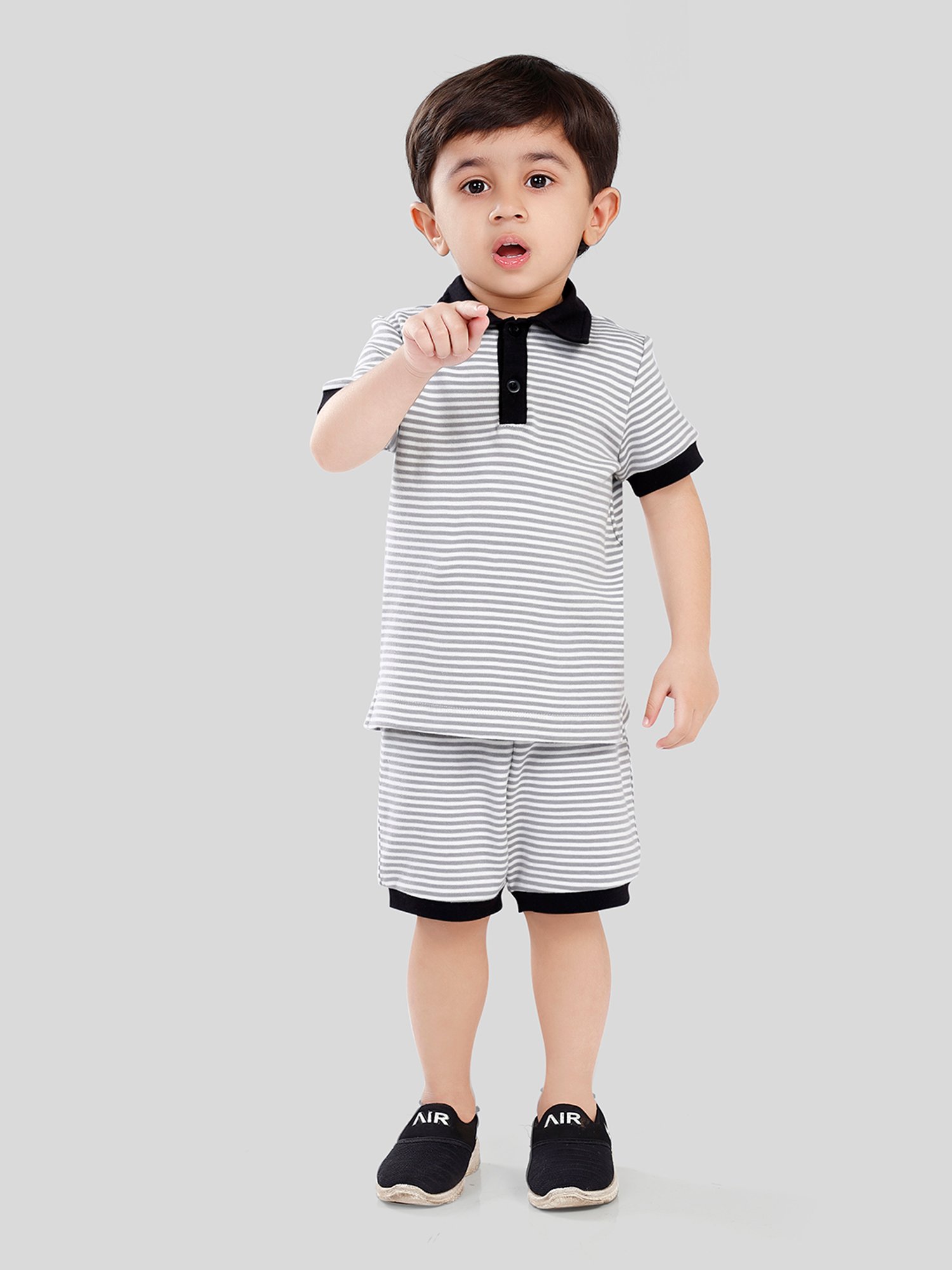 Nino Bambino Kids Grey & White Striped Polo T-Shirt with Shorts