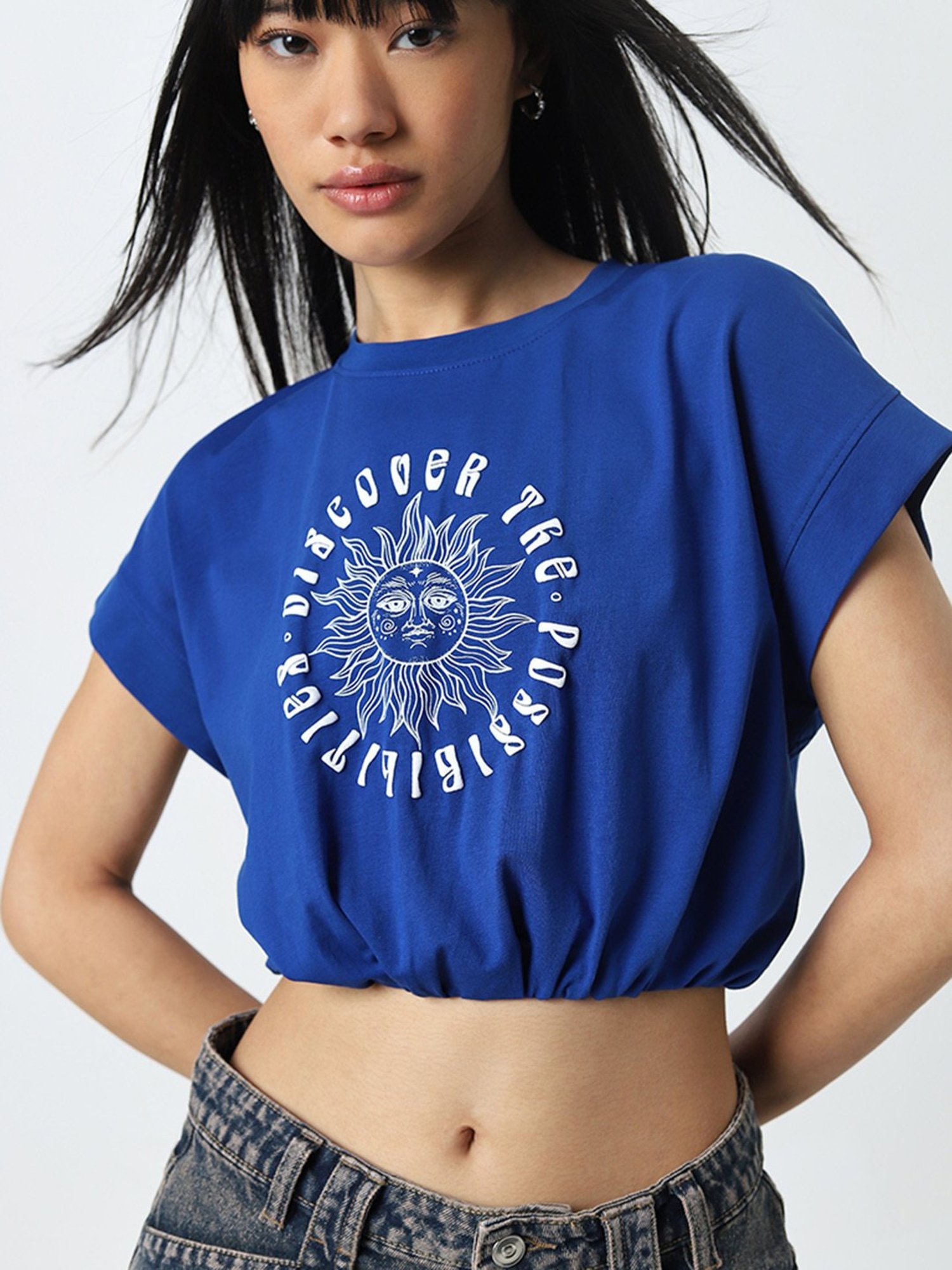 Nuon by Westside Blue Sun Printed Cotton Blend Top