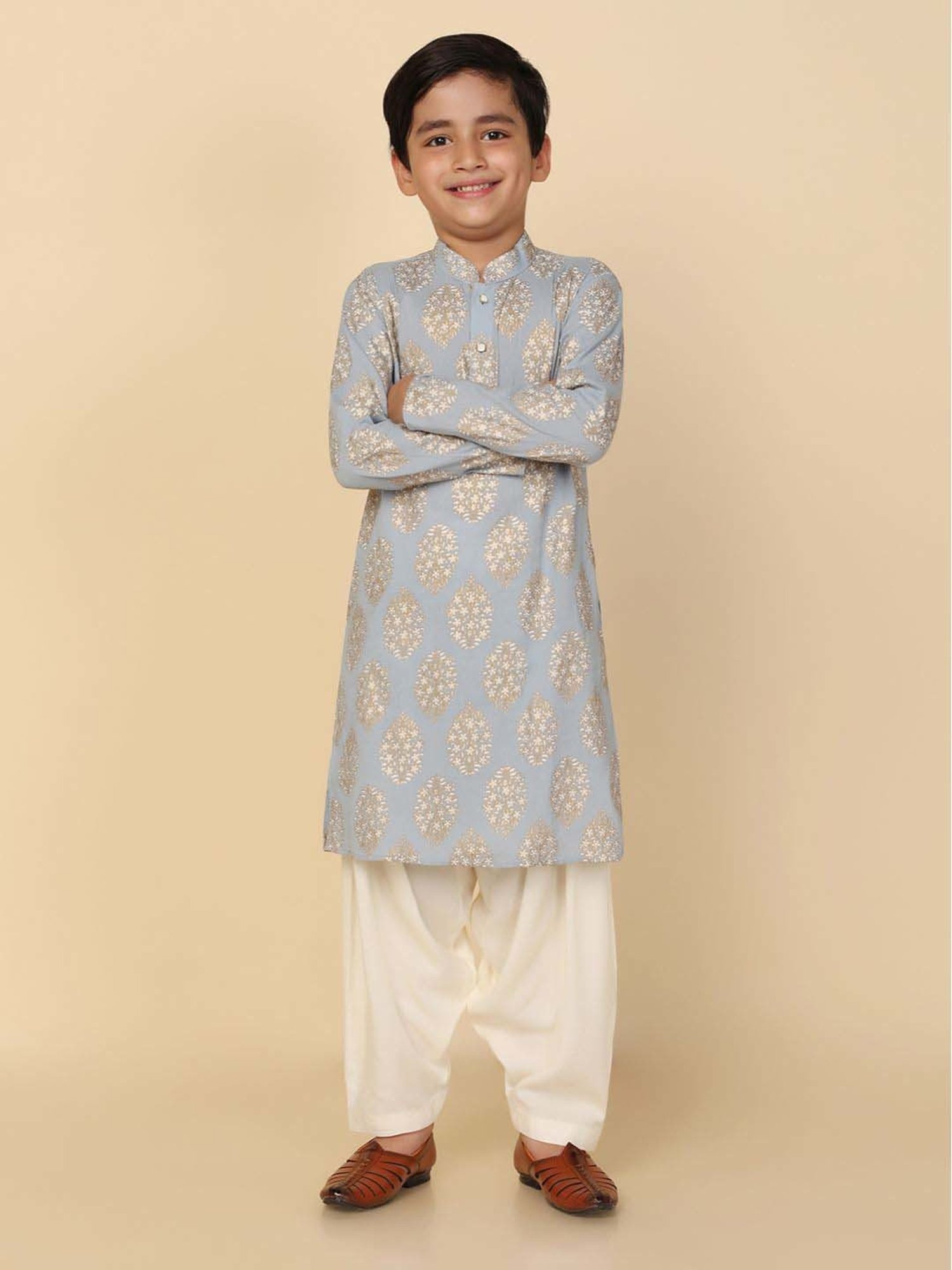 KISAH Kids Blue & White Printed Full Sleeves Kurta Set