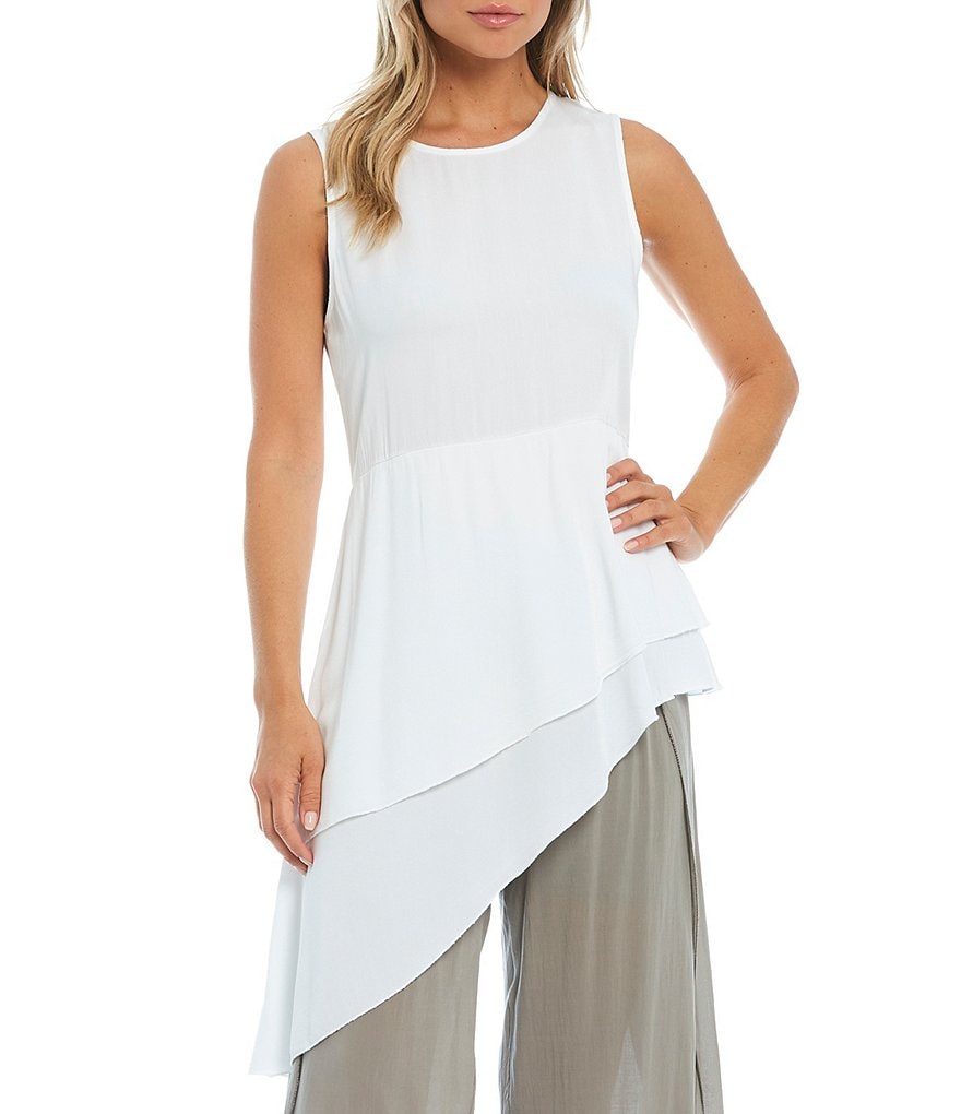 M Made in Italy Asymmetrical Hem Jewel Neck Sleeveless Viscose Top