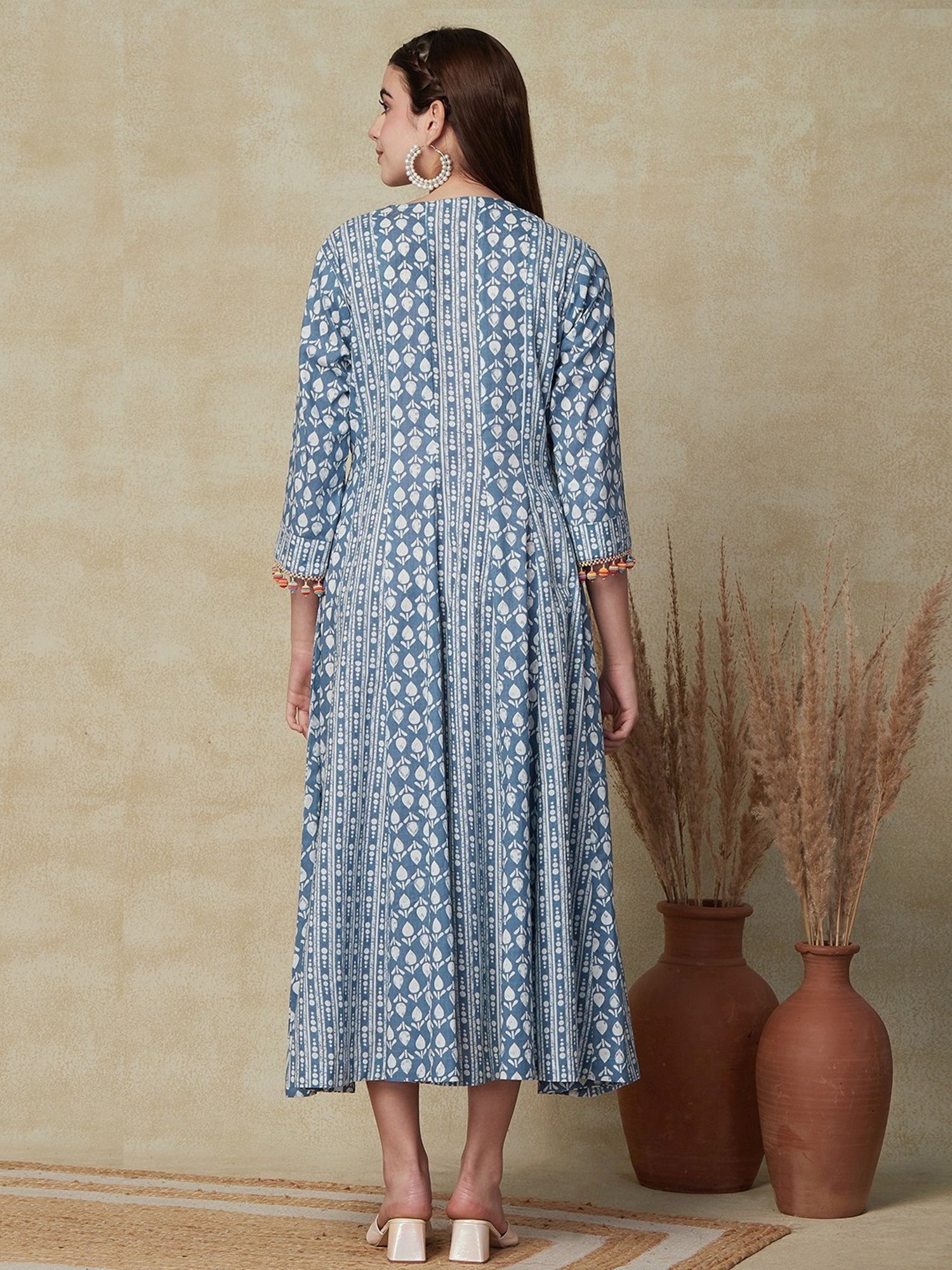 Fashor Blue Cotton Printed A-Line Dress