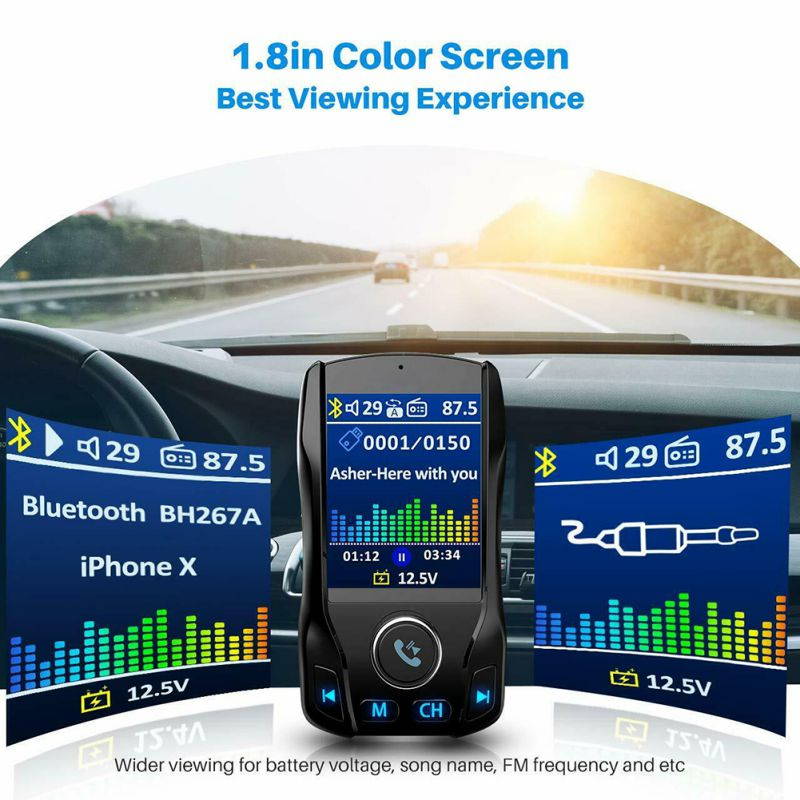Brightup Car Bluetooth Transmitter, Strong Microphone Bluetooth Car Radio Adapter with 1.8" Color Screen for Hands Free Calls, Supports QC3.0 Charging, Treble and Bass Sound Music Player