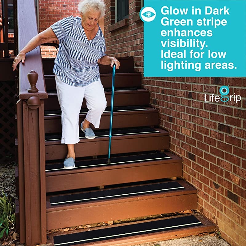 Anti Slip Traction Tape with Glow in Dark Green Stripe 4 Inch x 30 Feet Best Grip Friction Abrasive Adhesive for Stairs Tread Step Indoor and Outdoor Black 4 inch X 30 feet