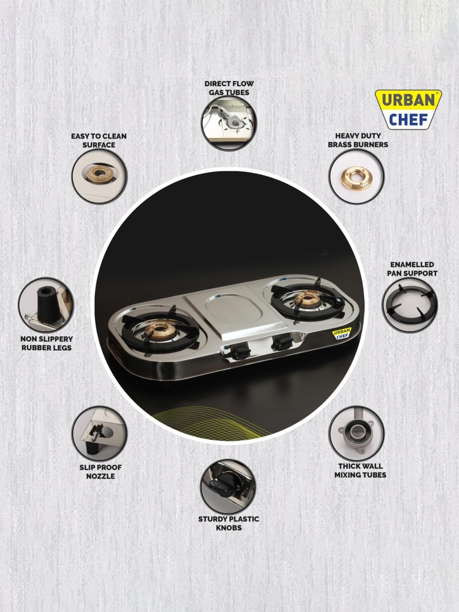 Urban Chef Gas Stove with 2 Burners ( Silver )