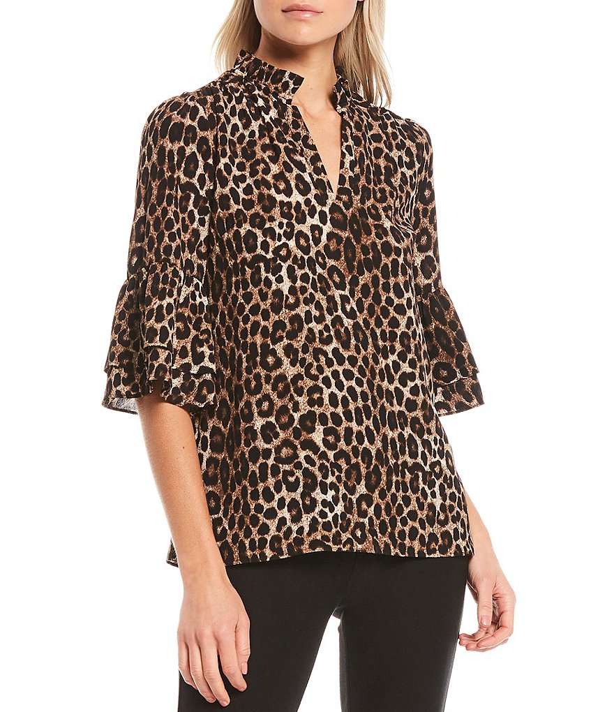 MICHAEL Michael Kors Cheetah Print Textured Crepe Flounce Cuff Ruffle Trim V-Neck Top