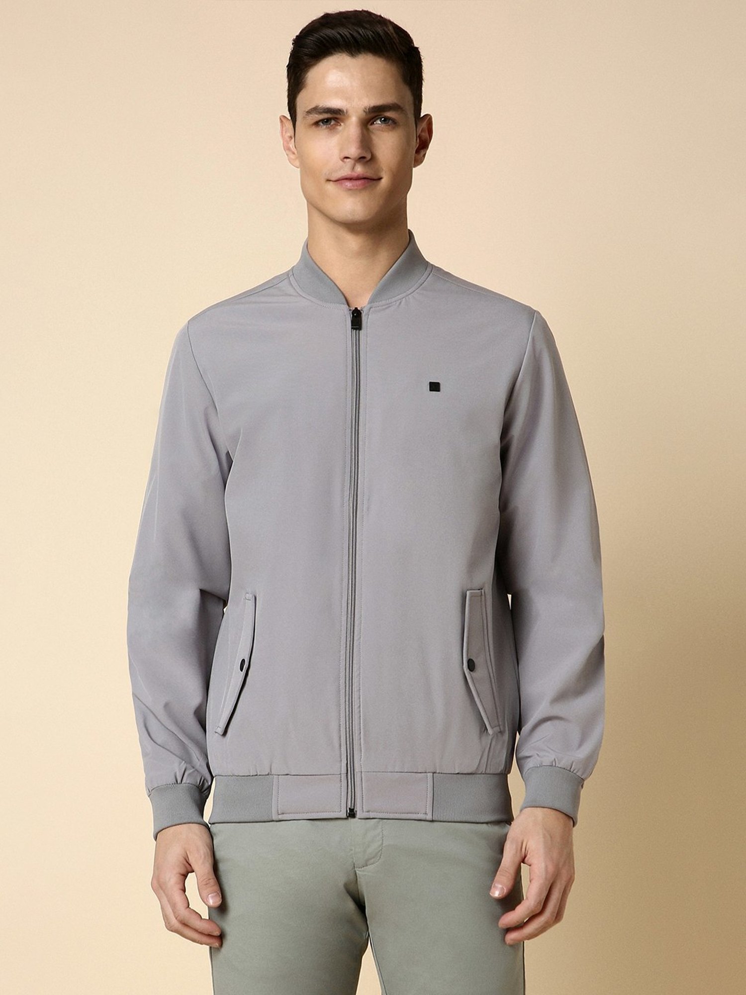 Allen Solly Grey Cotton Regular Fit Bomber Jacket