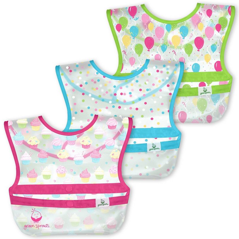 green sprouts Snap & Go Wipe-Off Bibs Cupcakes 9-18 Months Pink - 3pk