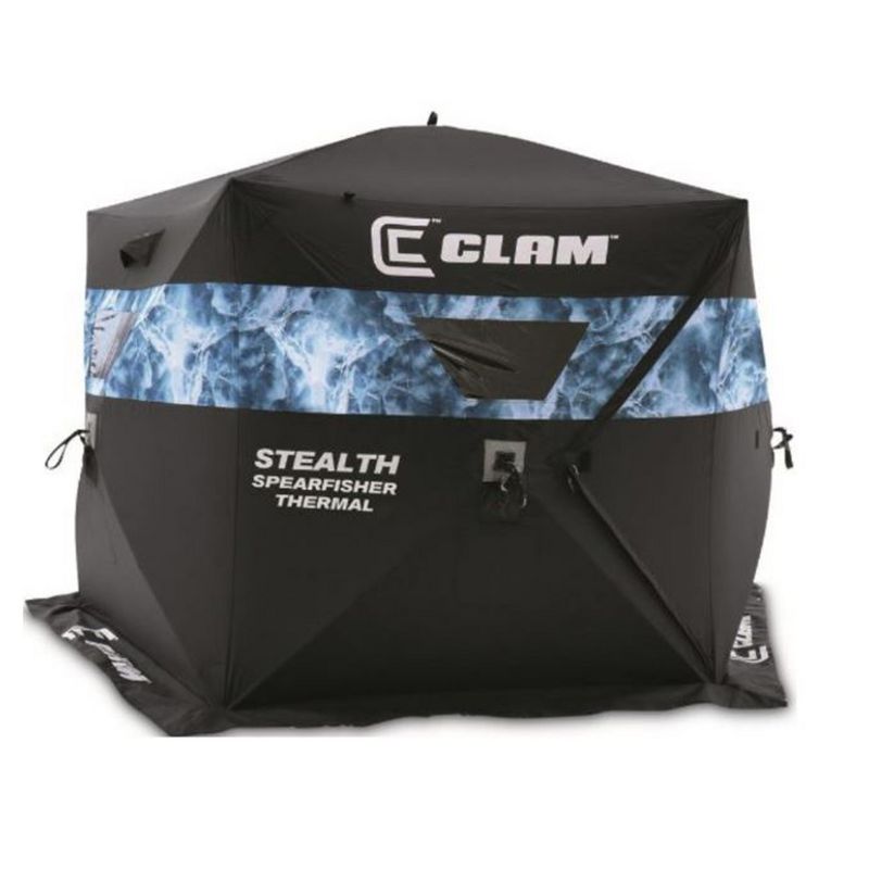 Clam 10947 Stealth Spearfisher Thermal 9 Foot Pop Up Ice Sight Fishing Spearfishing Shelter, Black