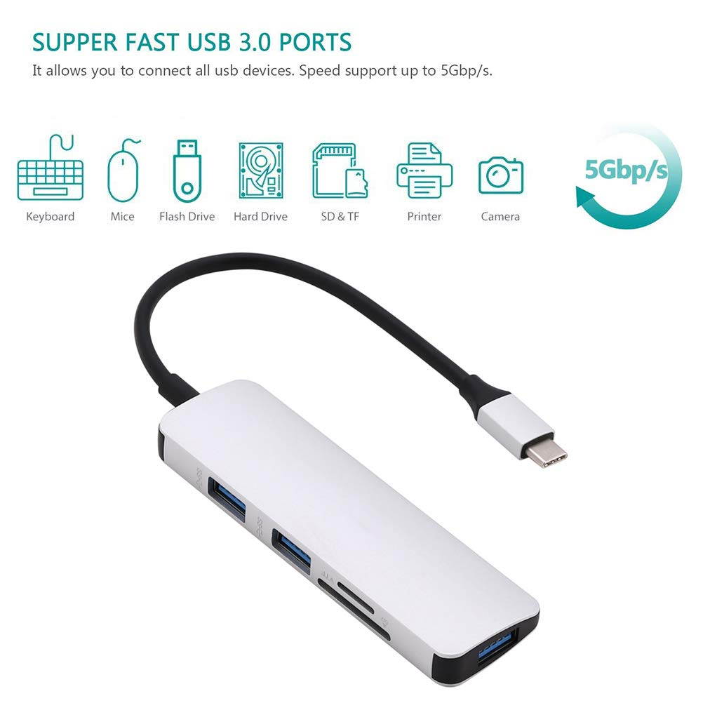 Type-C Card Reader with 3 x USB 3.0 HUB, USB-C to USB SD TF HUB, USB C to SD/TF Card Reader.