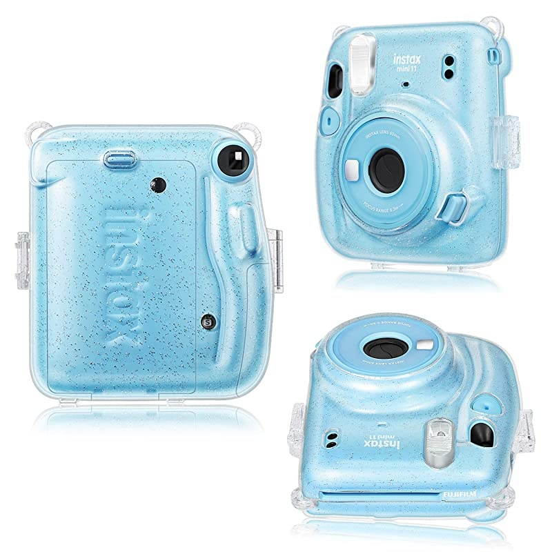 Protective Clear Case for Fujifilm Instax Mini 11 Instant Film Camera - Crystal Hard PVC Cover with Removable Rainbow Shoulder Strap, Glittering Transparent