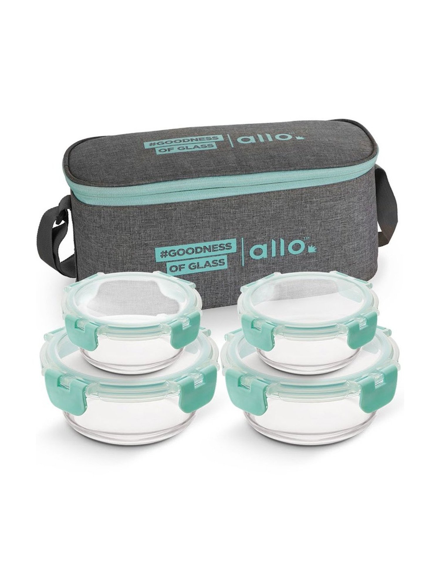 Borosilicate Glass Lunch Box Microwave Oven Safe with Detachable Lock and Canvas Grey Tiffin Bag