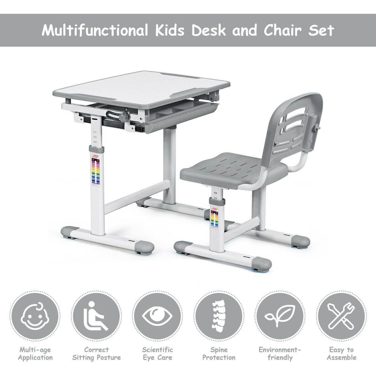 Height Adjustable Children&rsquo;s Desk Chair Set Multifunctional Study Drawing Gray