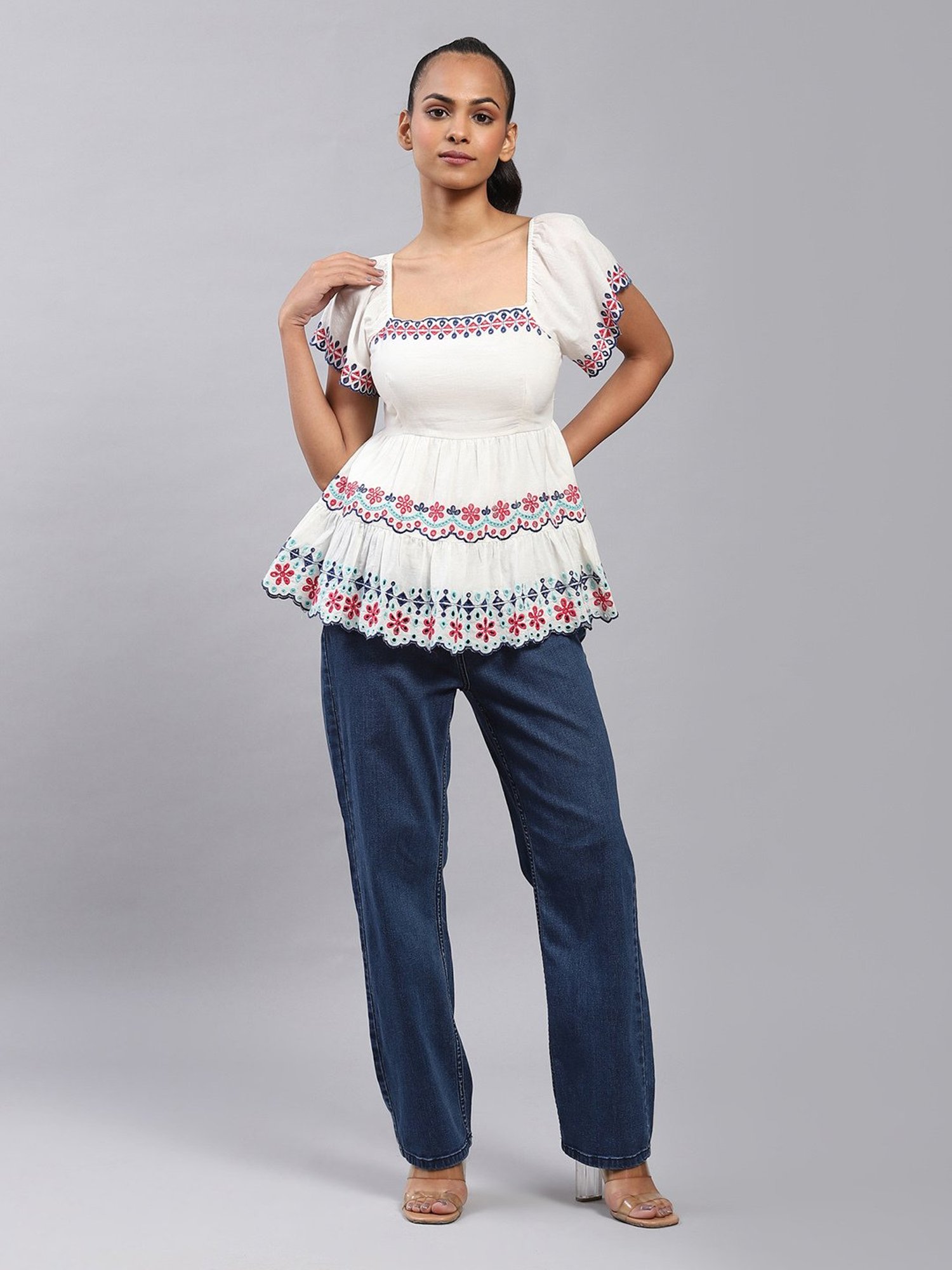 Label Ritu Kumar Off White Embroidered Peplum Top