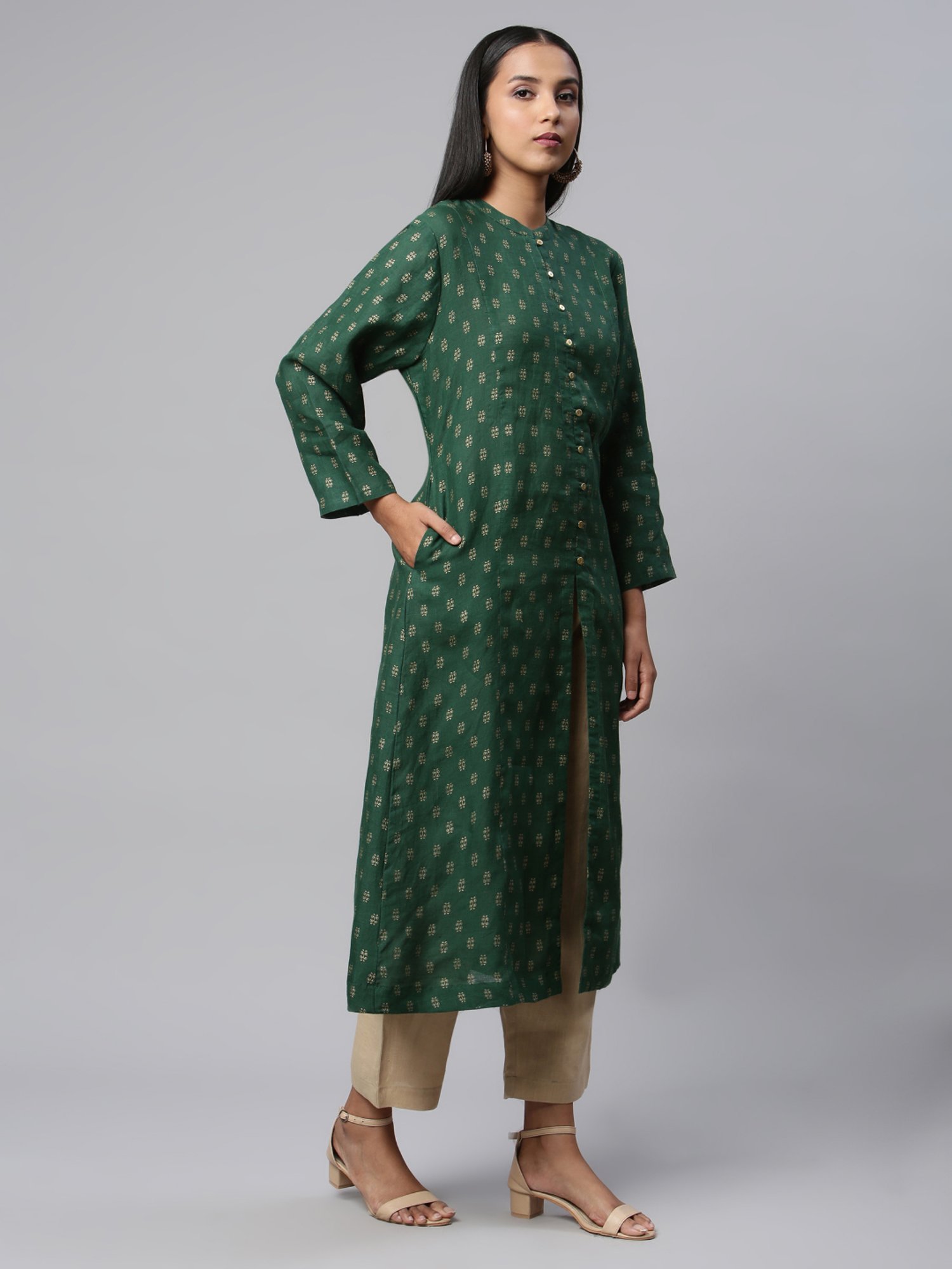 Linen Club Woman Green Linen Printed A Line Kurta
