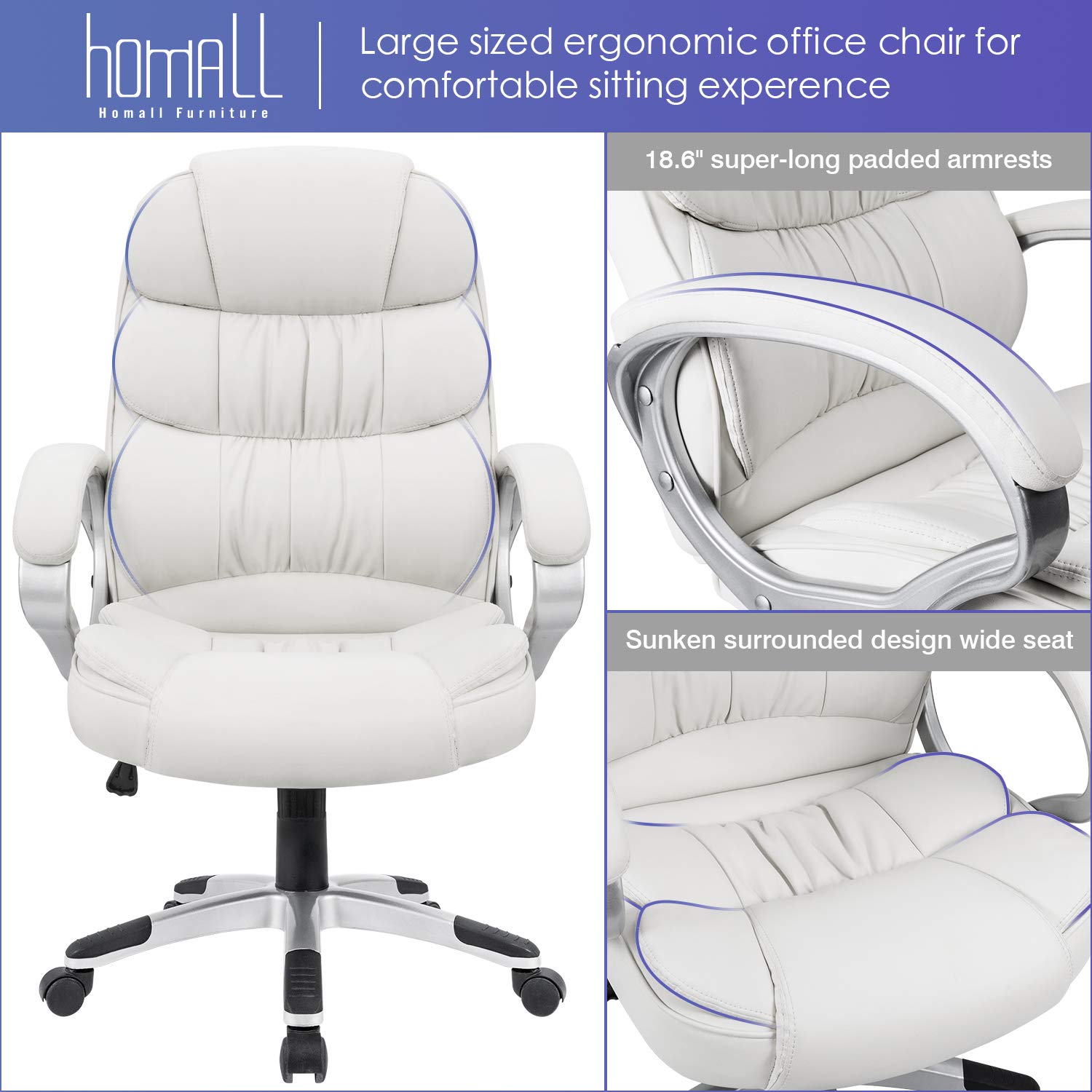 Homall Office Chair High Back Computer Chair Ergonomic Desk Chair, PU Leather Adjustable Height Modern Executive Swivel Task Chair with Padded Armrests and Lumbar Support (White)