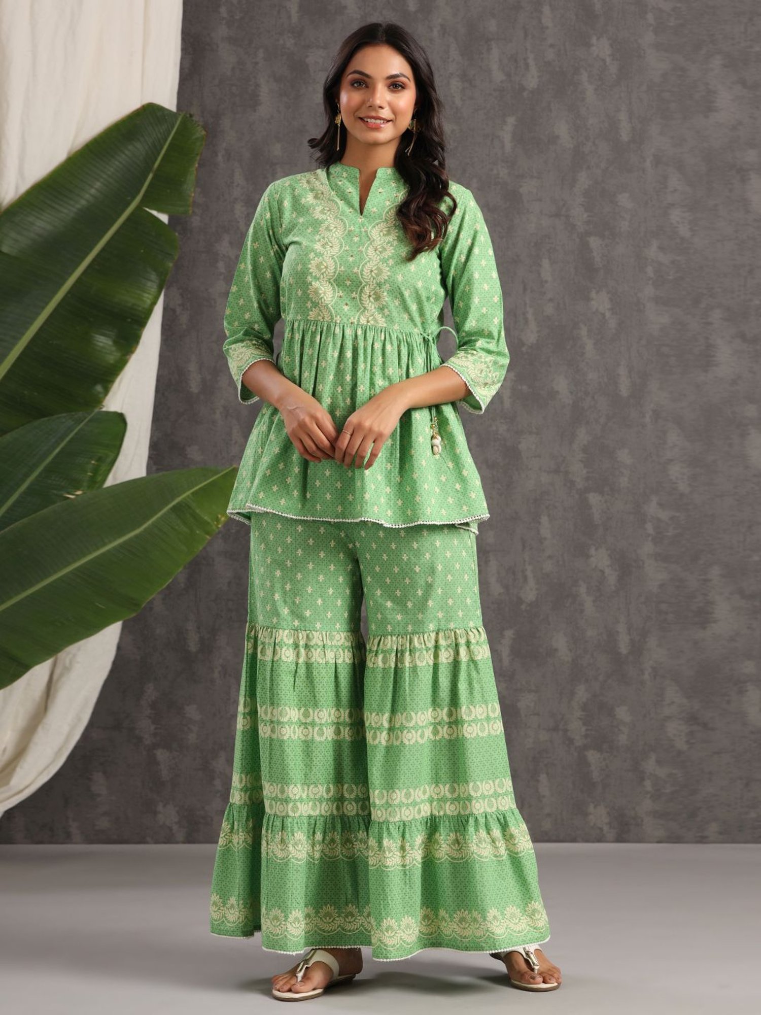 Juniper Green Ethnic Motif Printed Pure Cotton Tunic & Sharara With Sequins & Lace Detail
