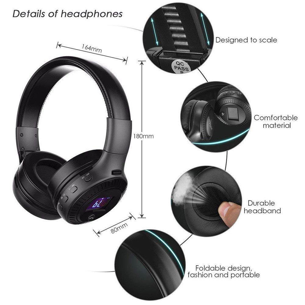 Zgeer Wireless Bluetooth Headphones LED Display Screen Headset Stereo Handsfree with Mic FM Radio TF Card Slot for Computer PC Smartphone
