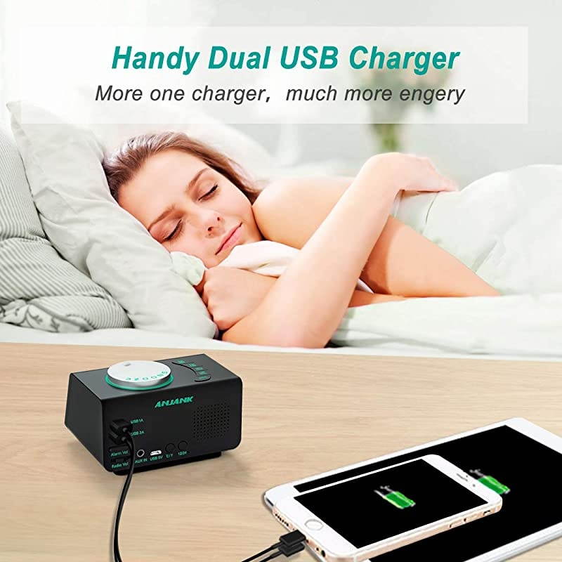Small Digital Alarm Clock Radio FM RadioDual USB Charging PortsDual Alarms with 7 Alarm SoundsAdjustable VolumeTemperature5 Level Brightness DimmerBattery BackupBedrooms Sleep Timer