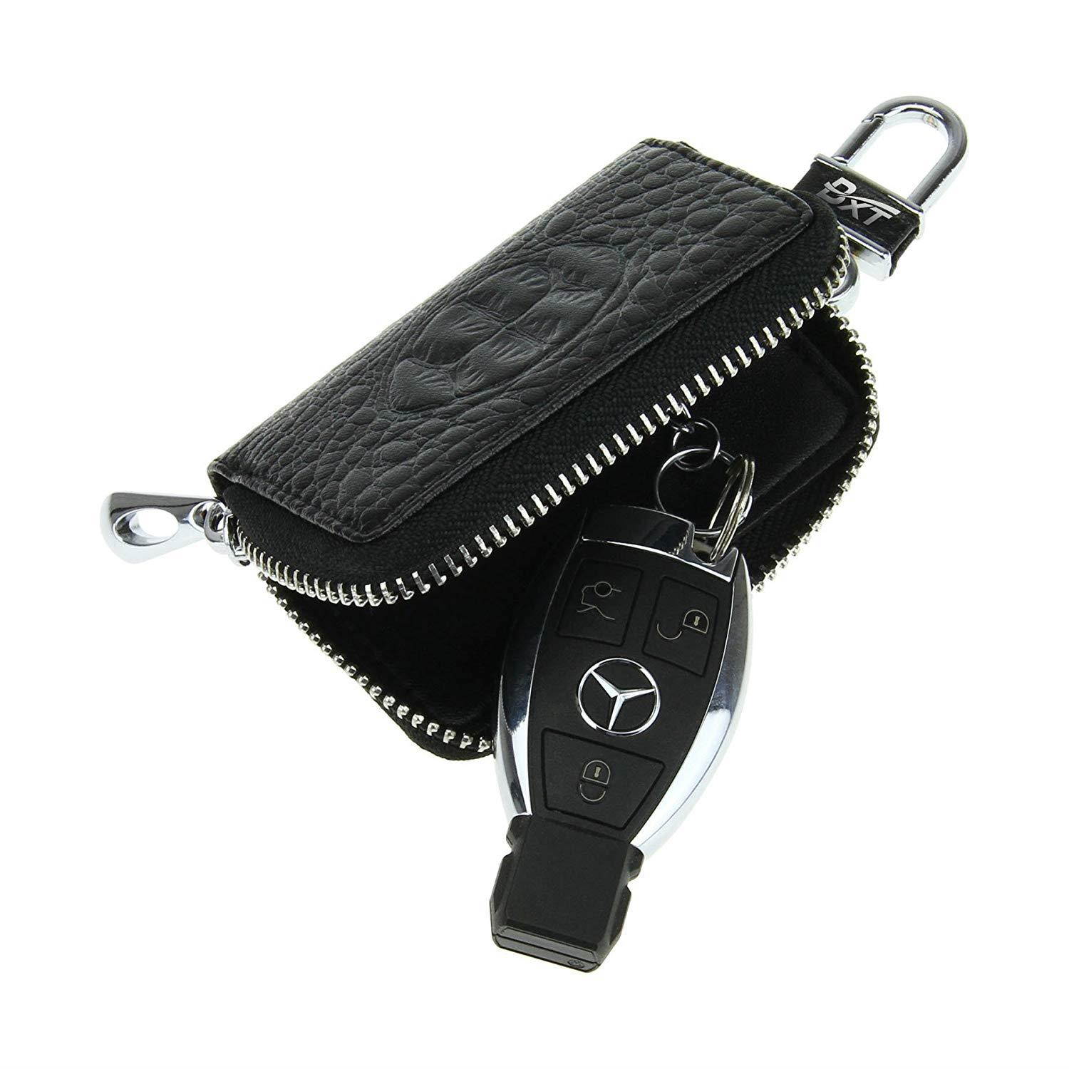 Womens Mens Luxury Delicate Crocodile Genuine Leather Pocket Size Key Pouch Bag Solid Color Zipper Universal Car Smart Key Case Holder Coin Purse Wallet Key Ring Hook Keychain Tags