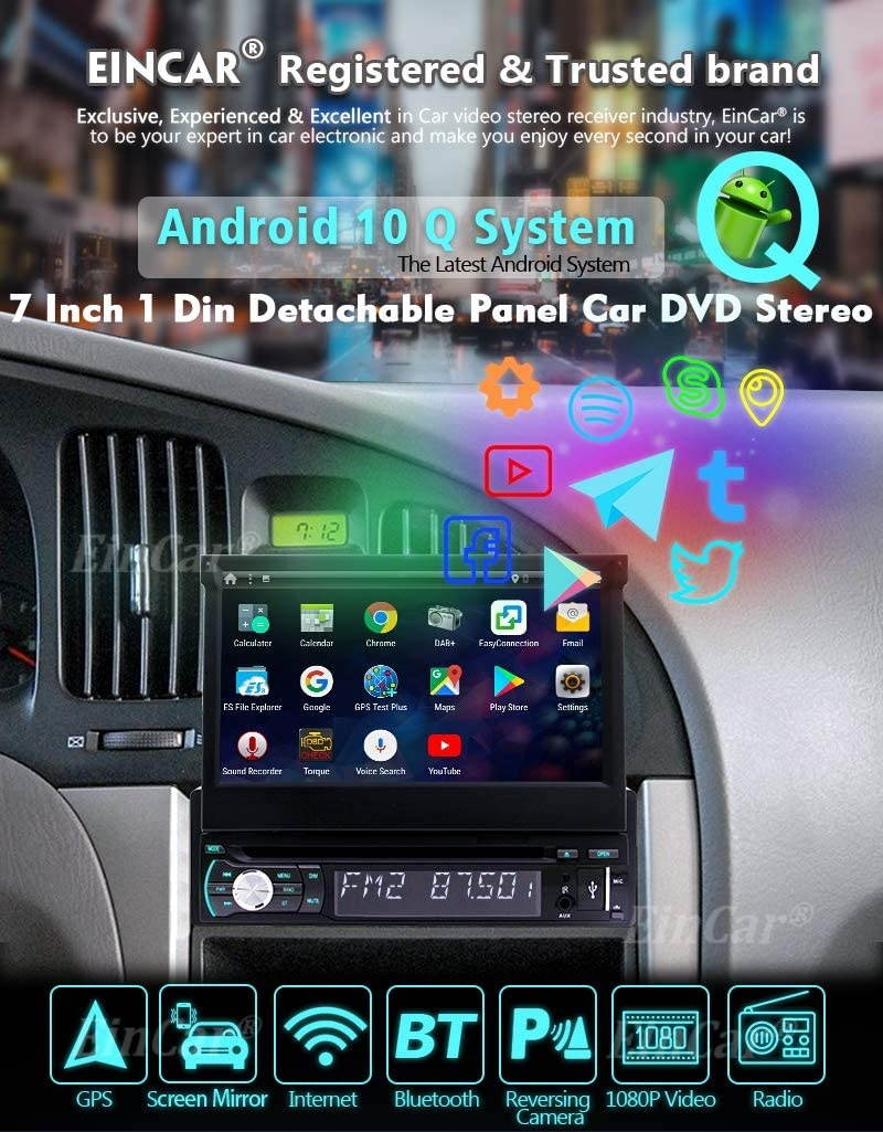 7 Inch Flip Out Touch Screen Single Din Android 10.0 Car Stereo GPS Navigation DVD Player Radio with WiFi Bluetooth AM FM Receiver Support Mirror Link Steering Wheel Controls Backup Camera SD USB OBD
