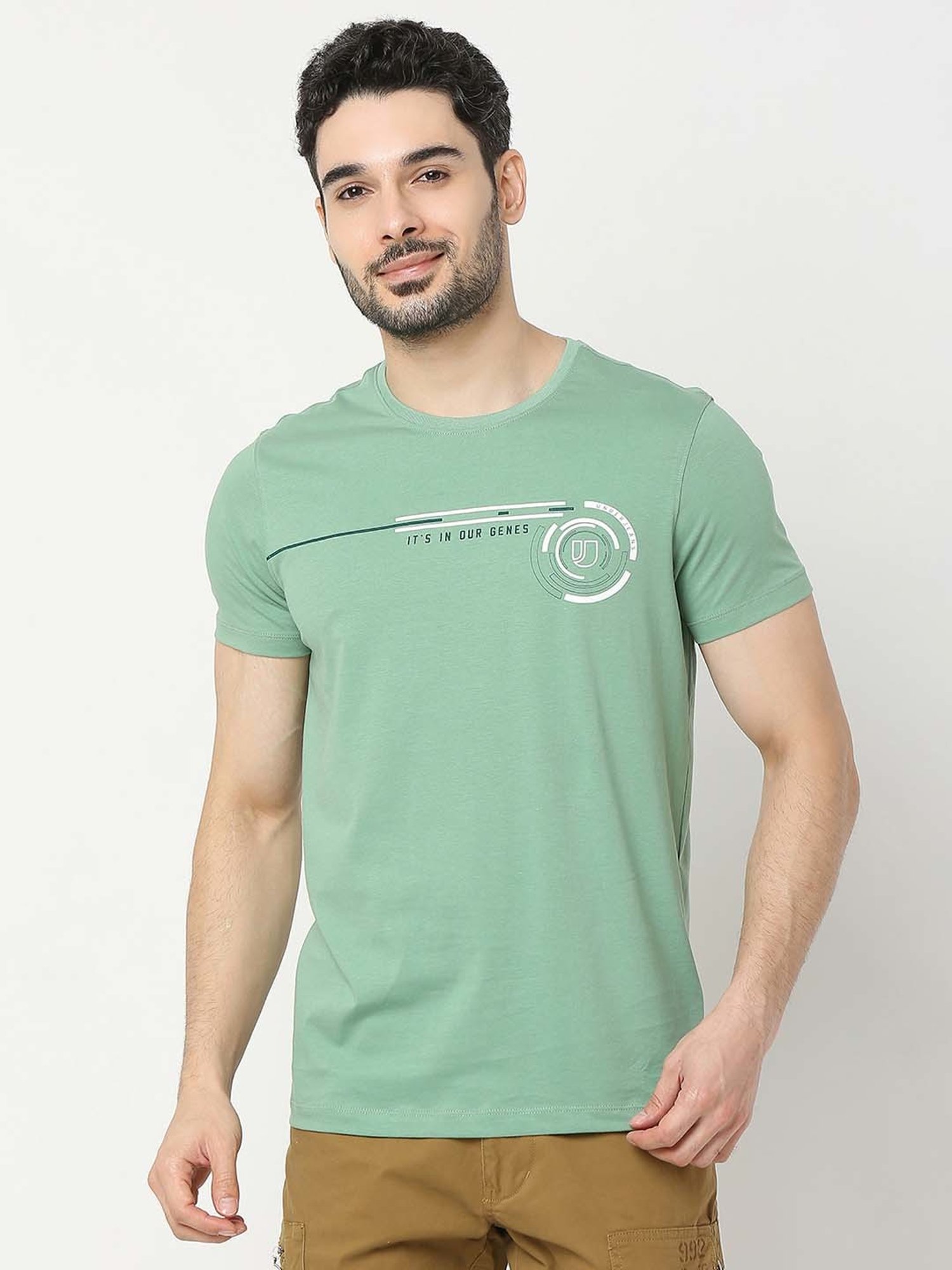 UnderJeans by Spykar Green Regular Fit Printed Cotton Crew T-Shirt
