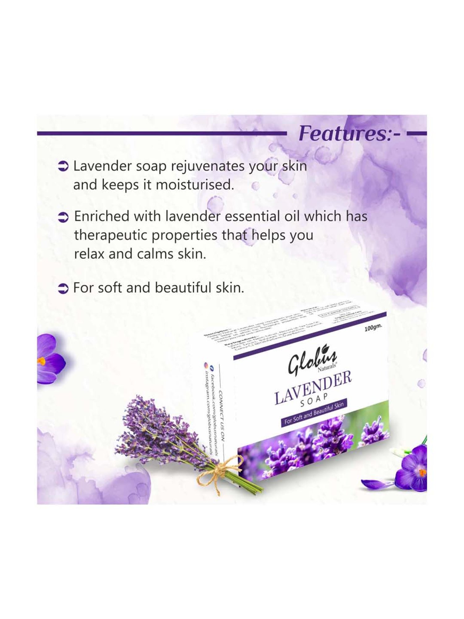 Globus Naturals Lavender Soap for Soft & Beautiful Skin - 100 gm (Pack of 4)