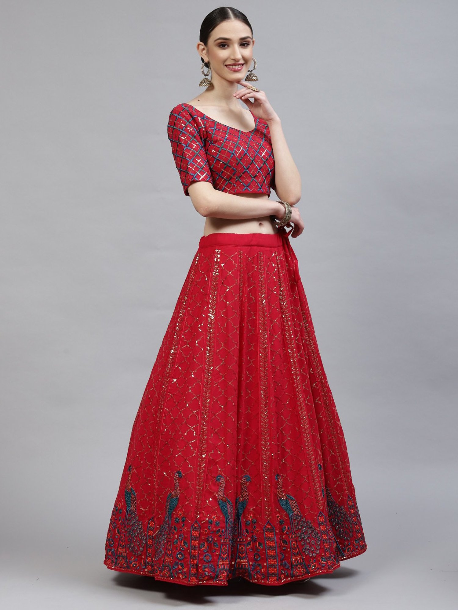 SHUBHKALA Pink & Green Embellished Lehenga and Choli Set With Dupatta