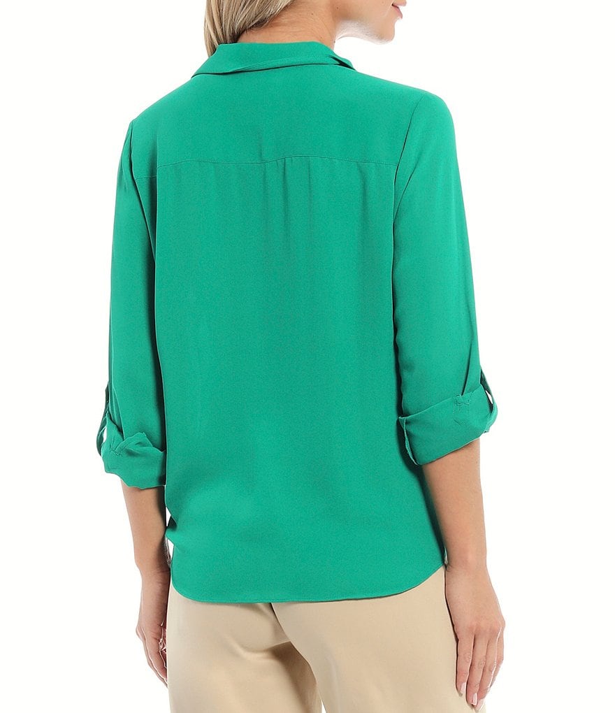Investments Solid Point Collar Neck Button-Front Long Sleeve Tie-Front Top
