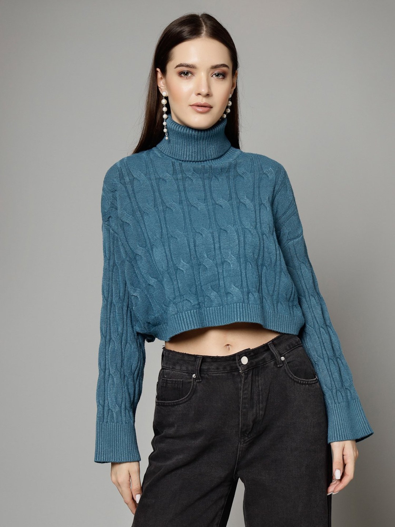Mafadeny Teal Self Design Crop Sweater