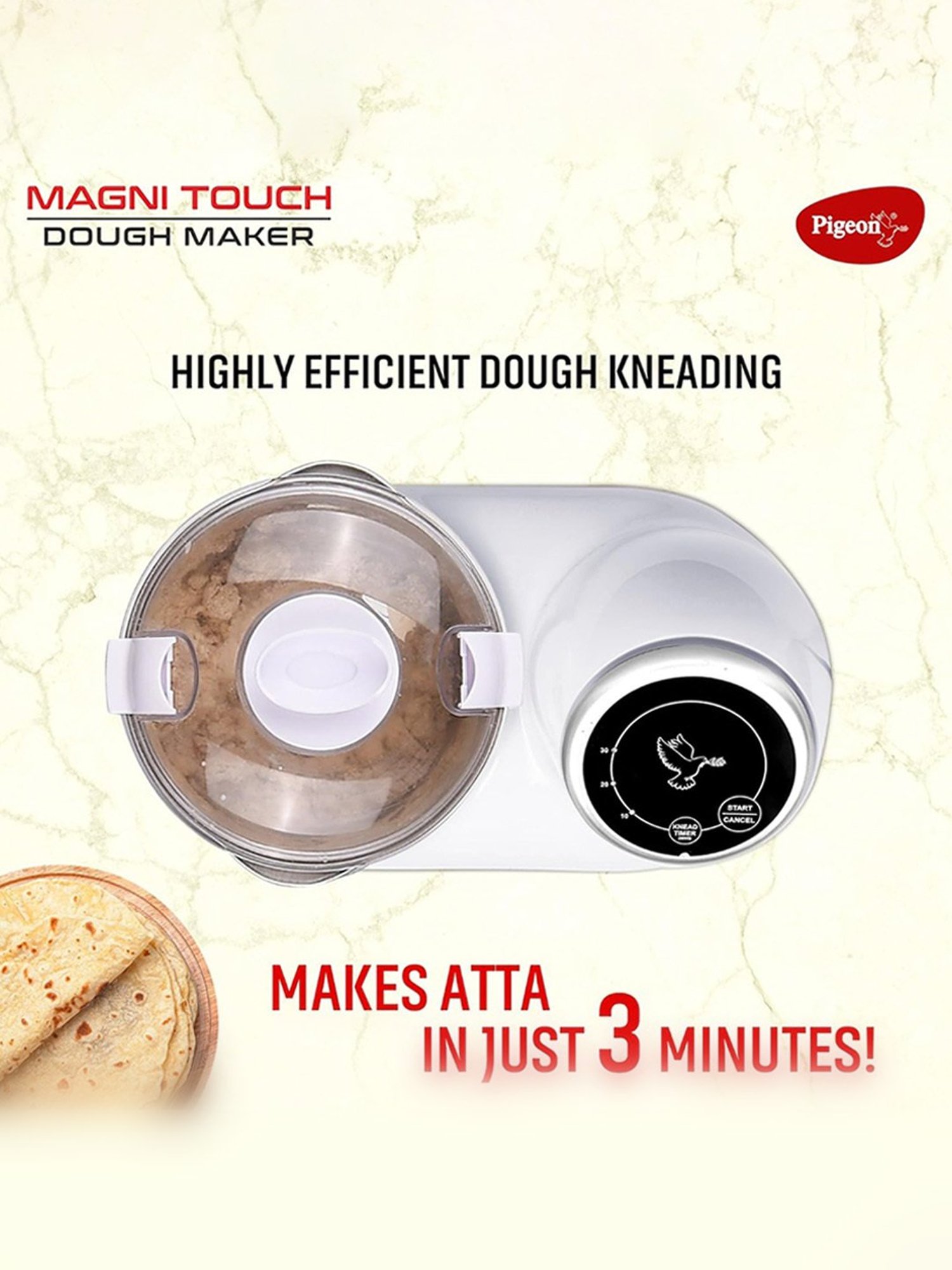 Pigeon Stovekraft Magni Touch Atta Kneader & Dough Maker 120W 3L with 1 Jar (White)